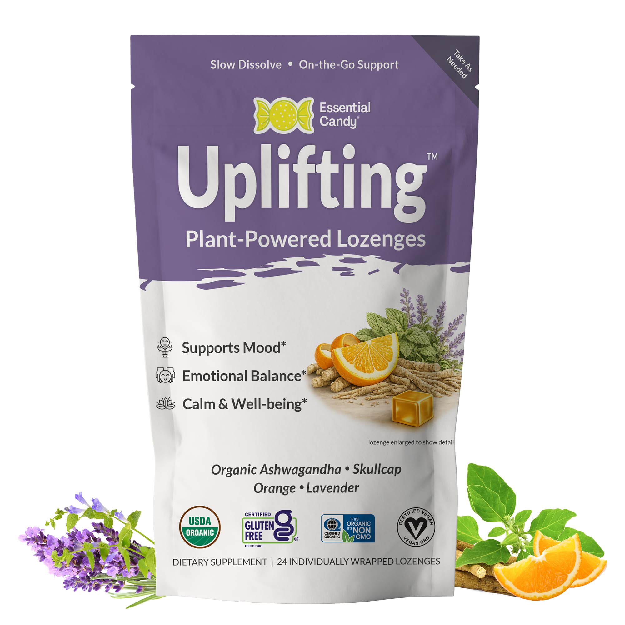 Essential Candy Uplifting Blend Lozenges front view with packaging