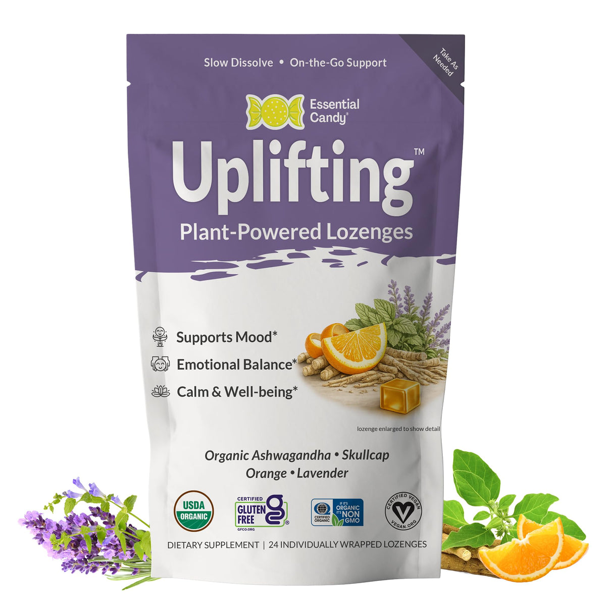 Essential Candy Uplifting Blend Lozenges front view with packaging