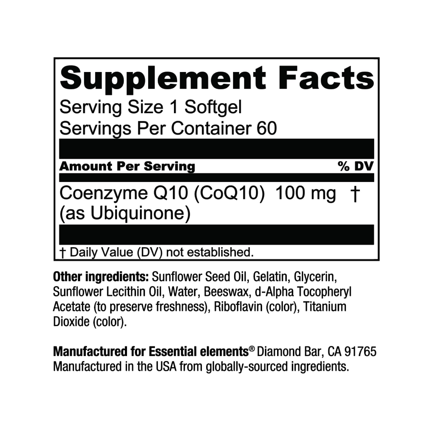 Essential Elements CoQ10 Daily Energy Supplement on a wooden table
