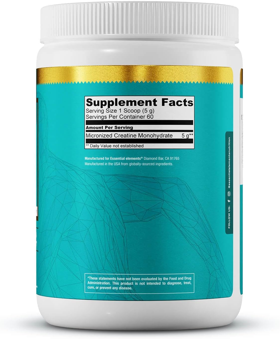 Essential Elements Micronized Creatine Monohydrate 358g with gym equipment