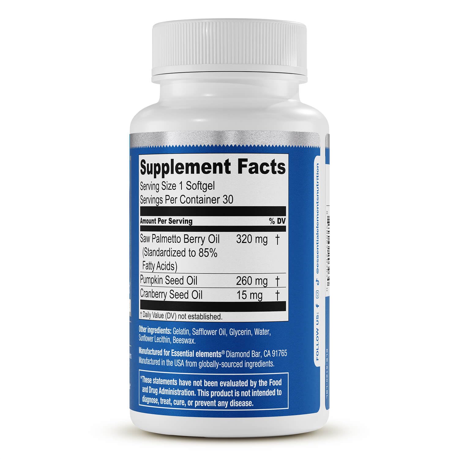 Essential Elements Saw Palmetto Plus 60 Capsules side view