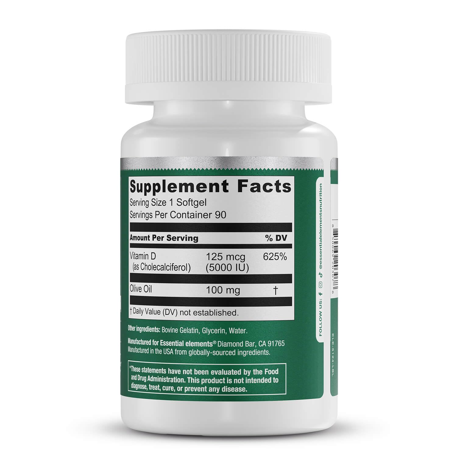 Essential Elements Vitamin D3 1000 IU capsules on a wooden table