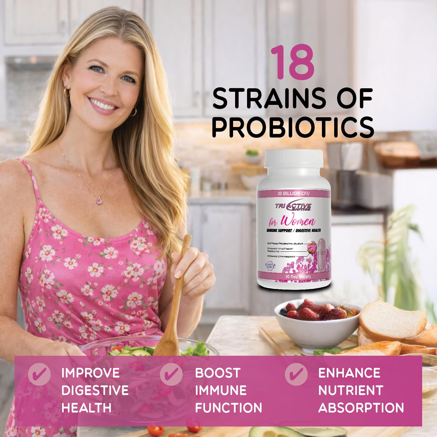 Essential Source Cranberry Probiotic capsule bottle with a measuring spoon