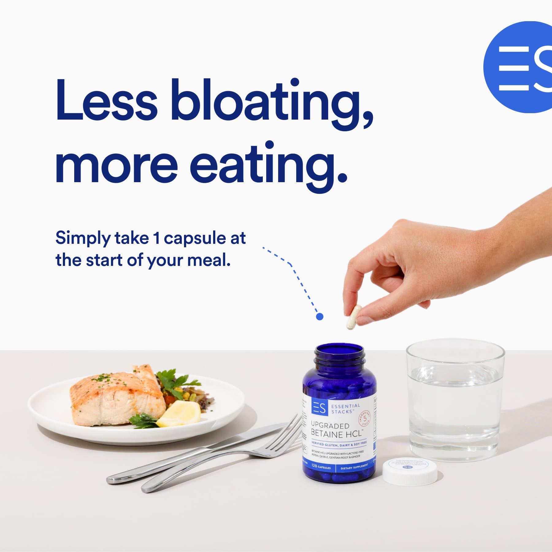 Essential Stacks Betaine HCL with Pepsin supplement side view