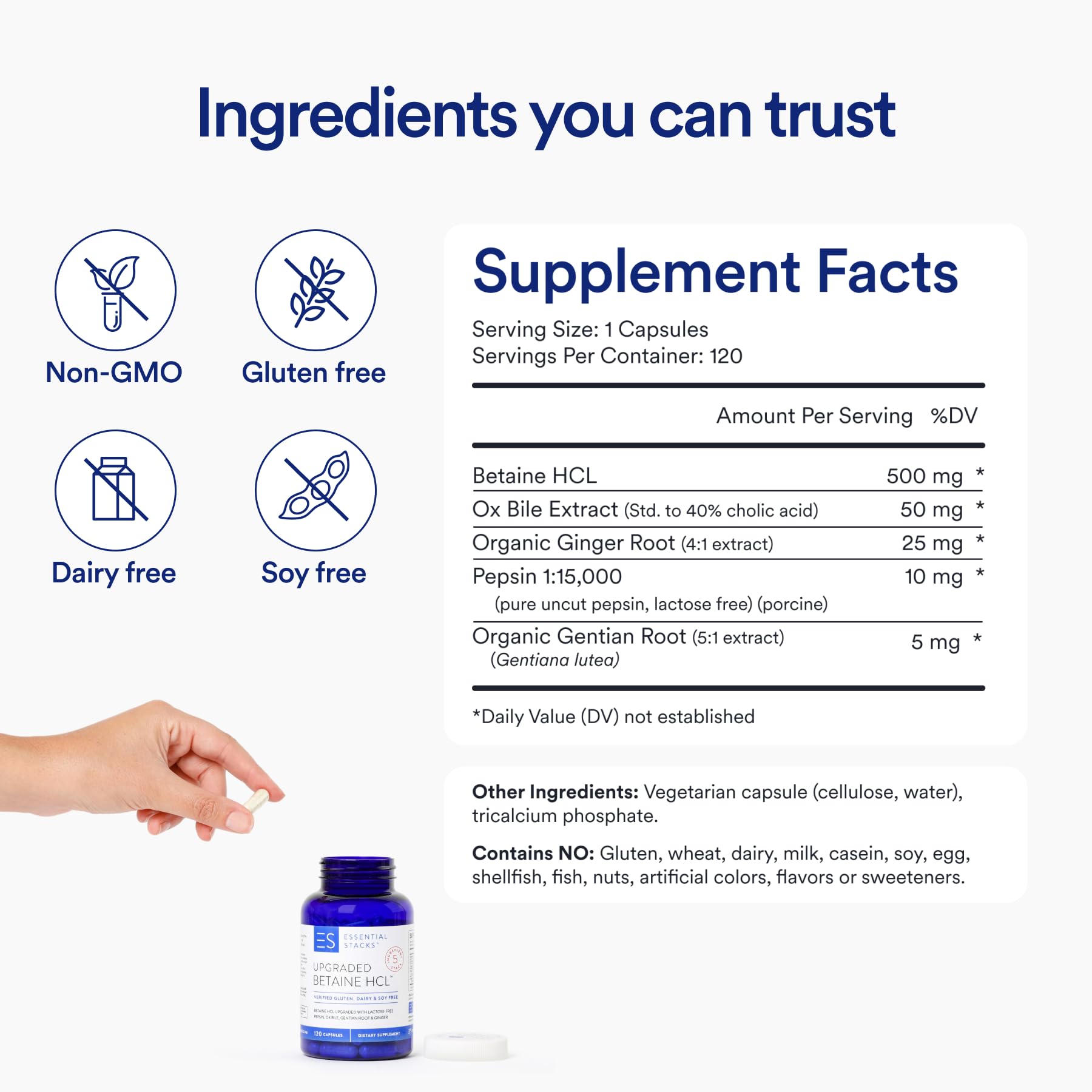 Essential Stacks Betaine HCL with Pepsin supplement with measuring spoon