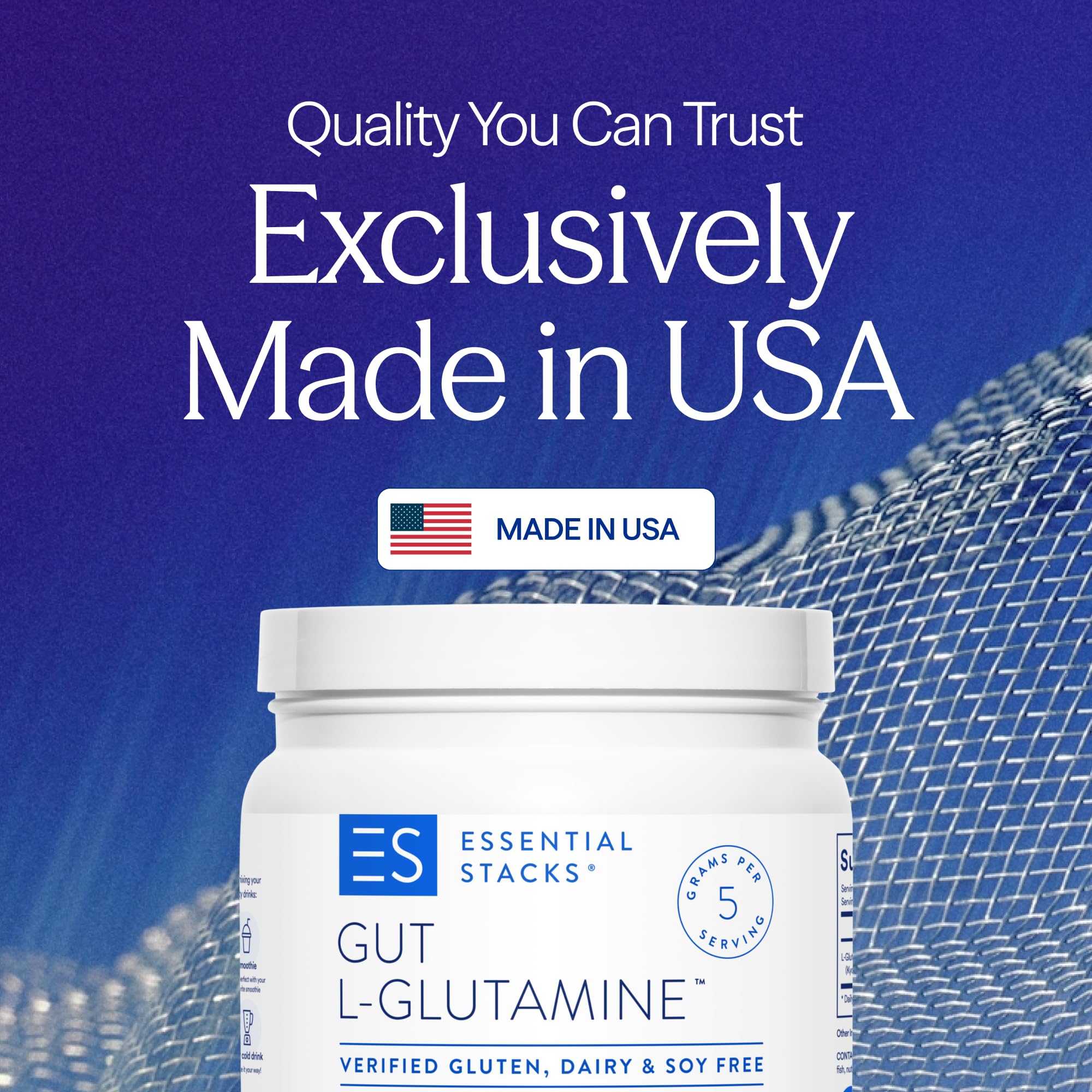 Essential Stacks L-Glutamine Powder 499g packaging