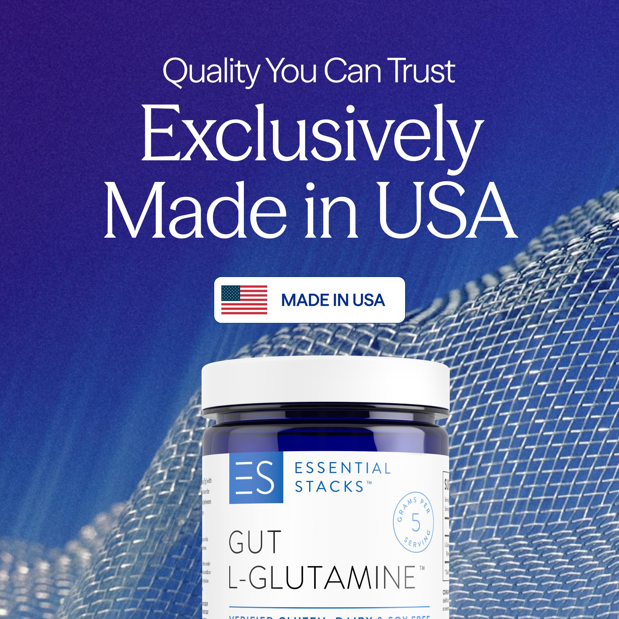 Essential Stacks L-Glutamine Powder back view with nutritional information