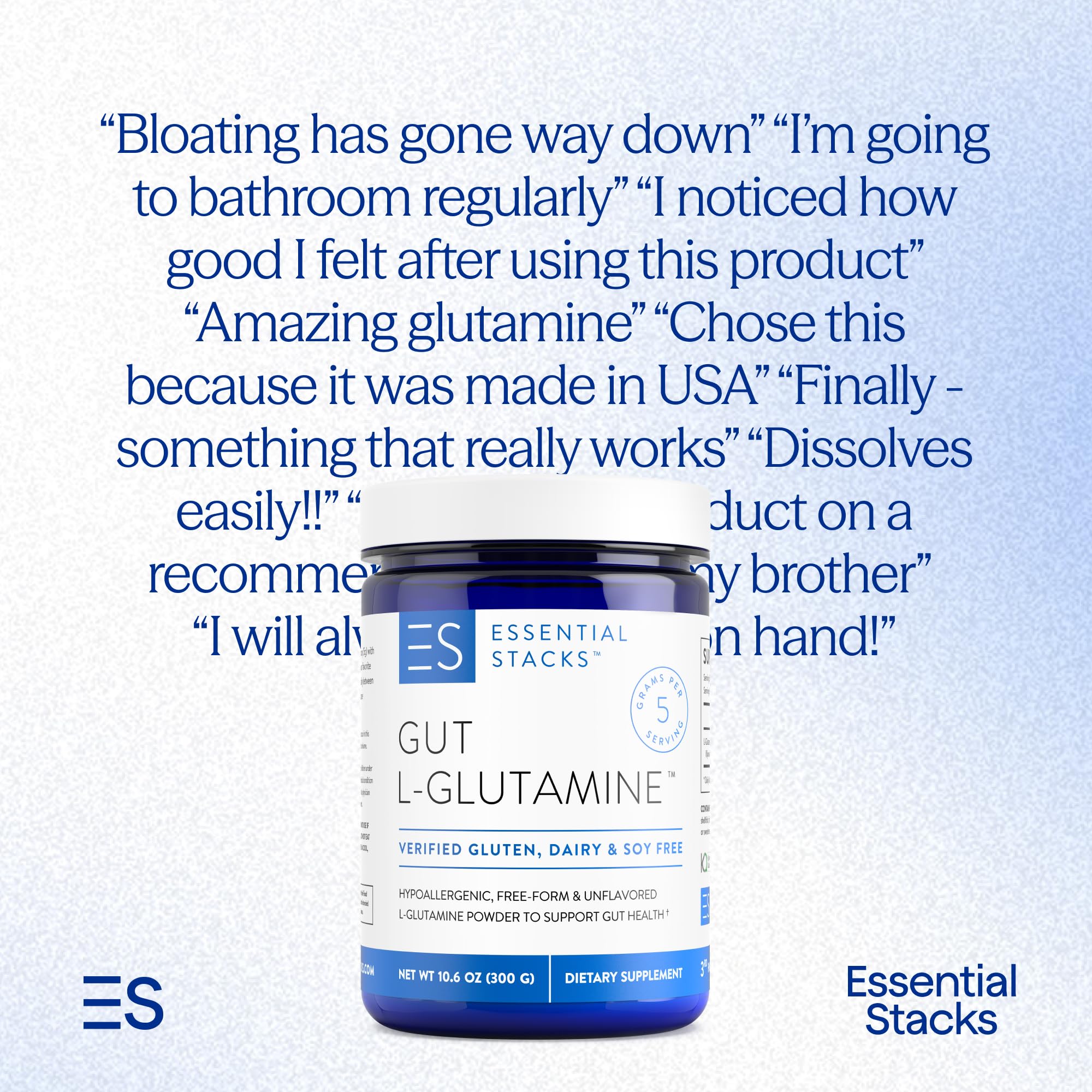 Essential Stacks L-Glutamine Powder packaging with ingredients list