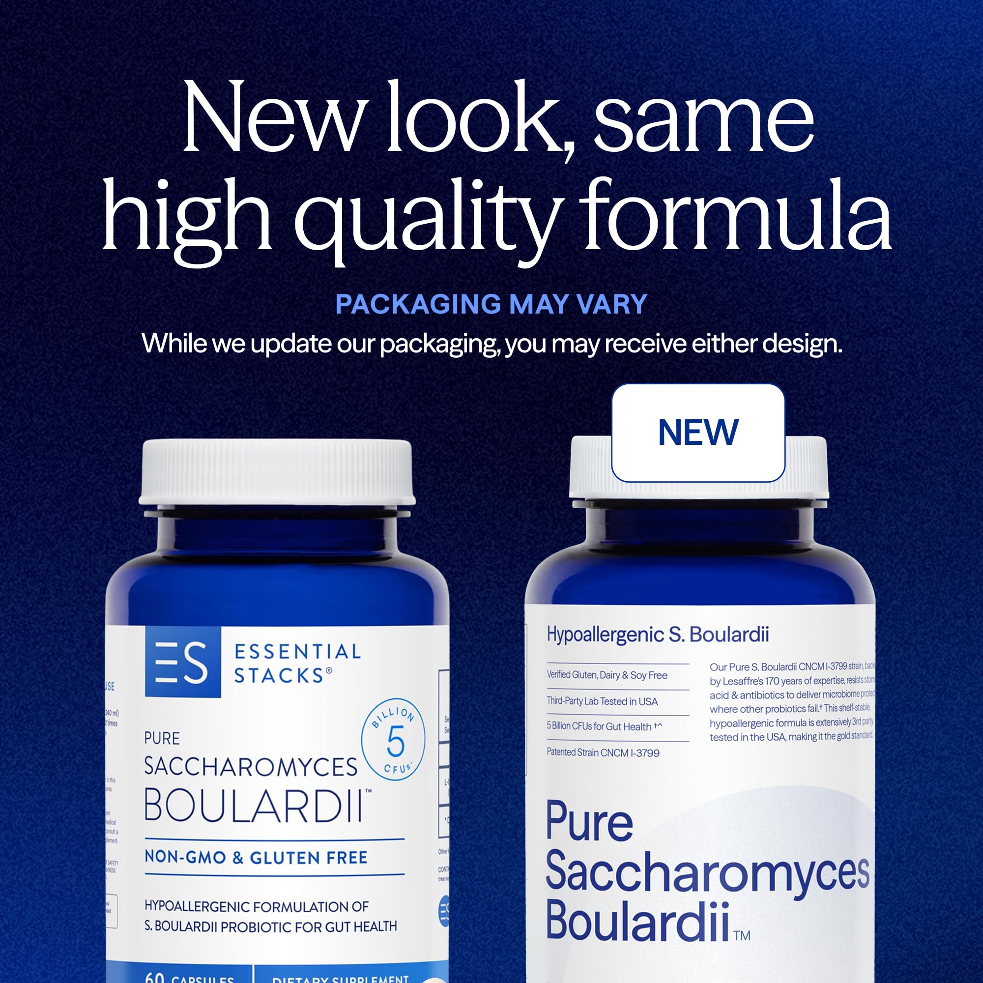 Essential Stacks Saccharomyces Boulardii Probiotics back view with ingredients