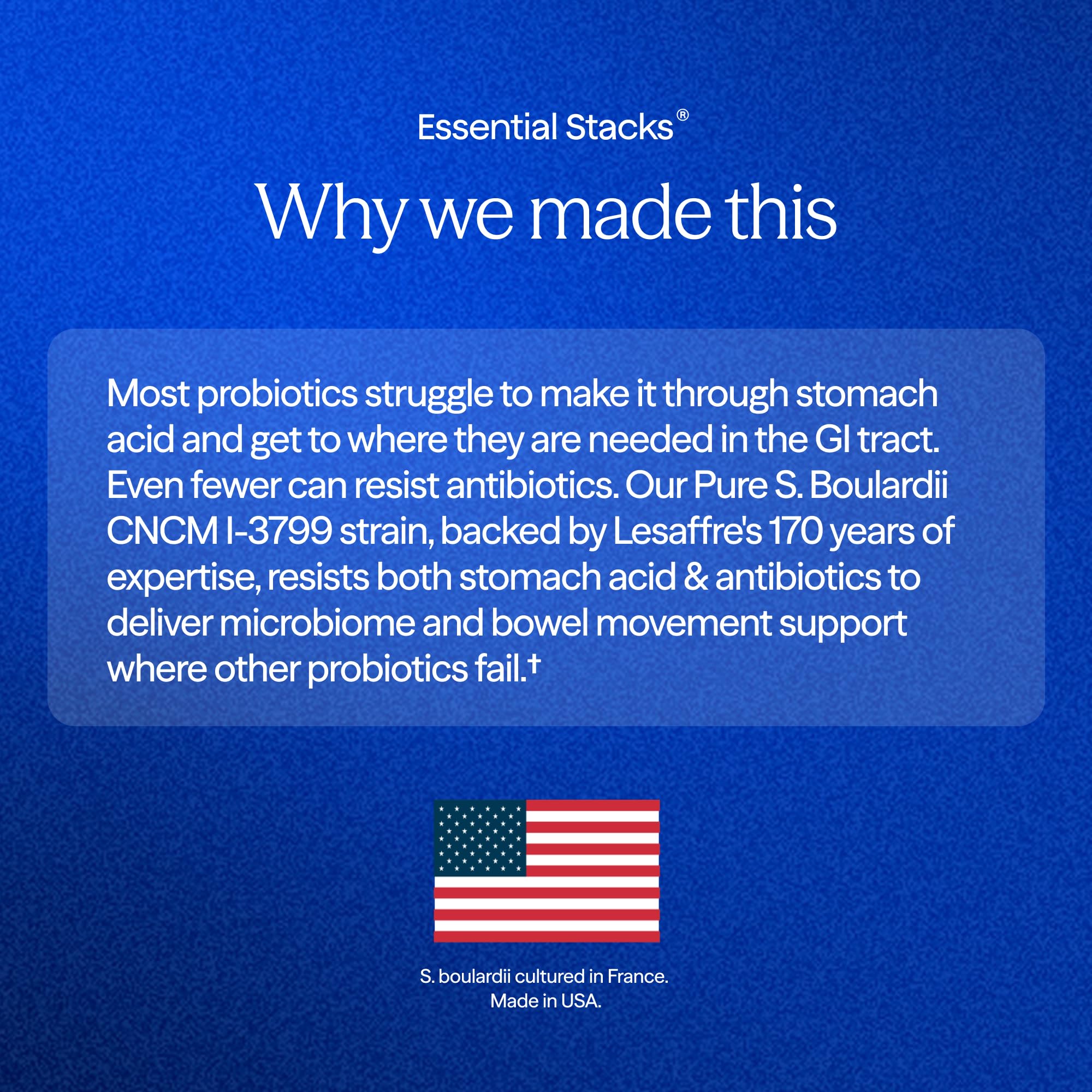 Essential Stacks Saccharomyces Boulardii Probiotics in packaging