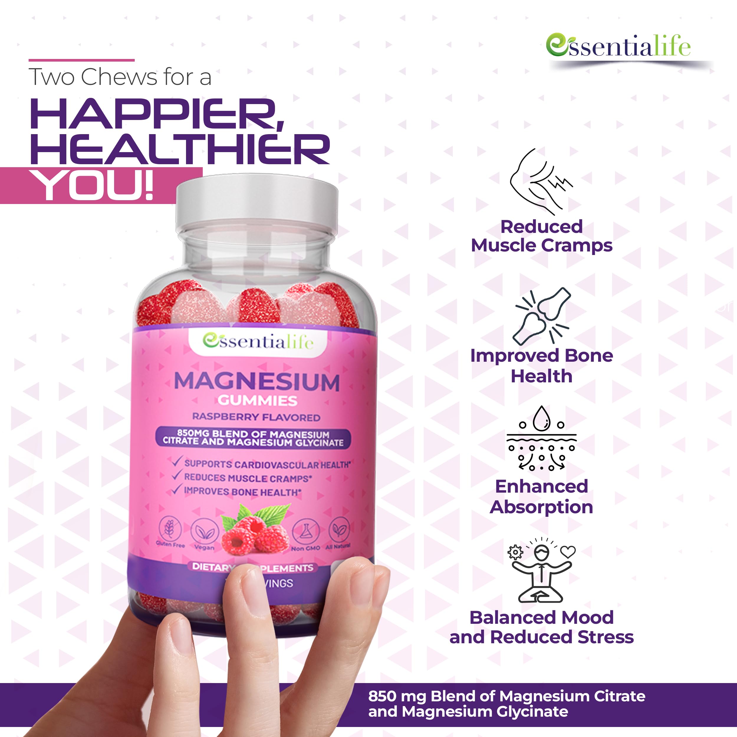 Essentialife Magnesium Gummies back view with nutritional information