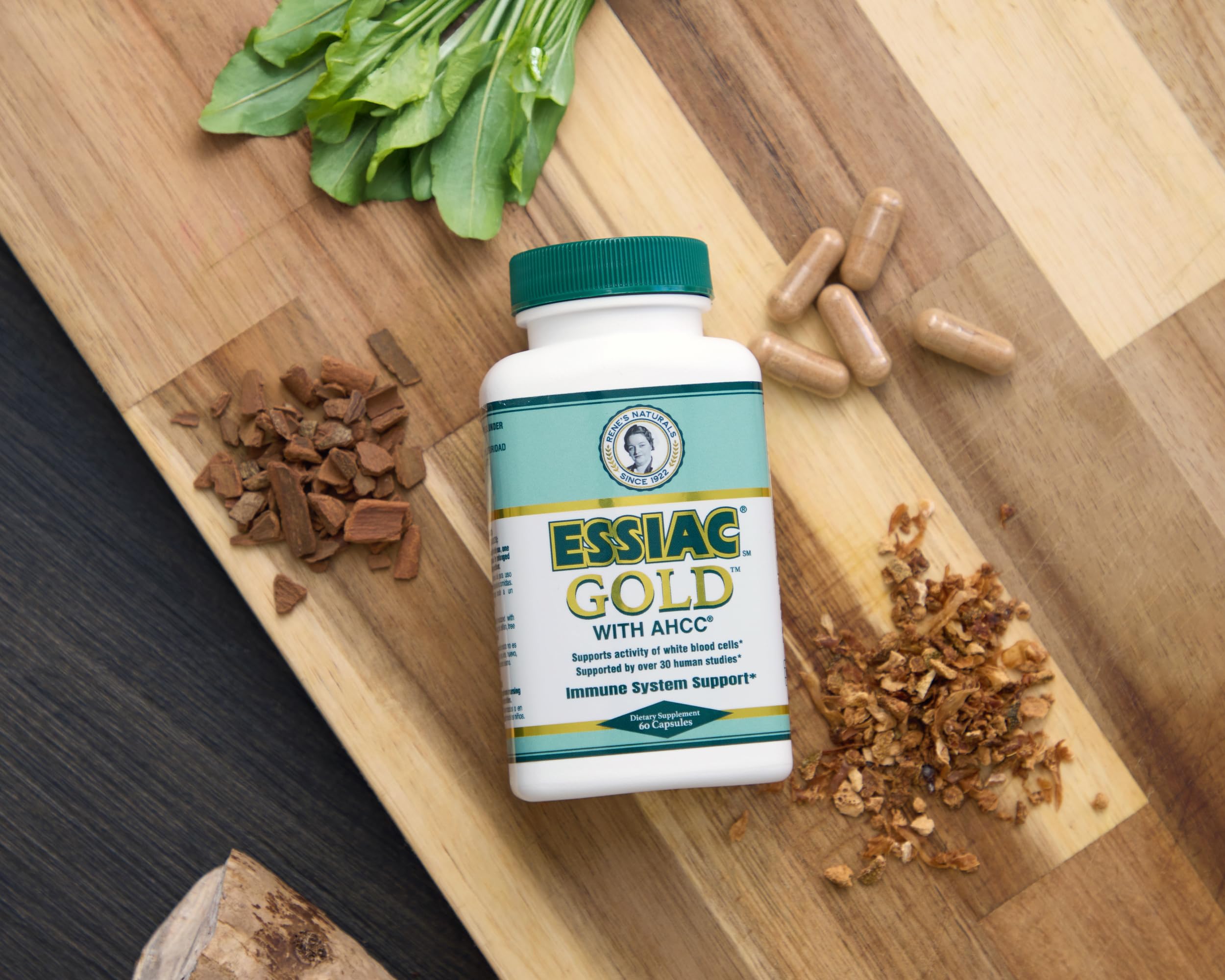 Essiac Herbal Supplement with AHCC capsule close-up