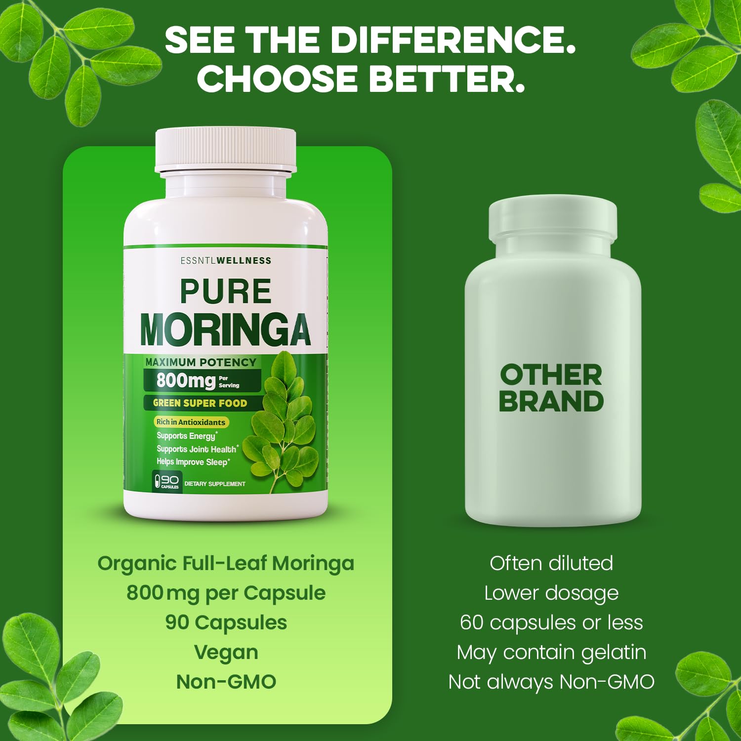 ESSNTLWELLNESS Moringa Powder Capsules on a wooden table