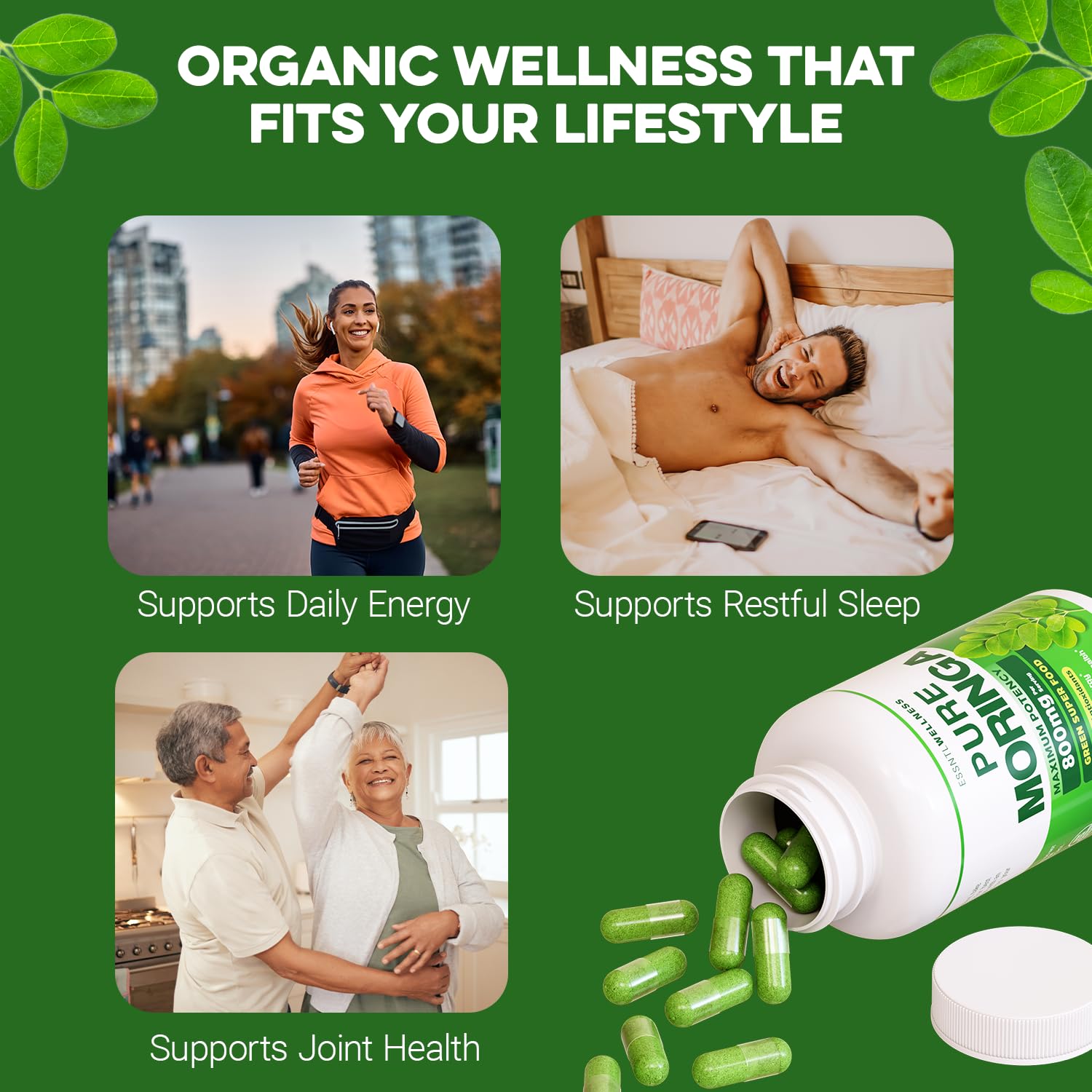 ESSNTLWELLNESS Moringa Powder Capsules with green leaves