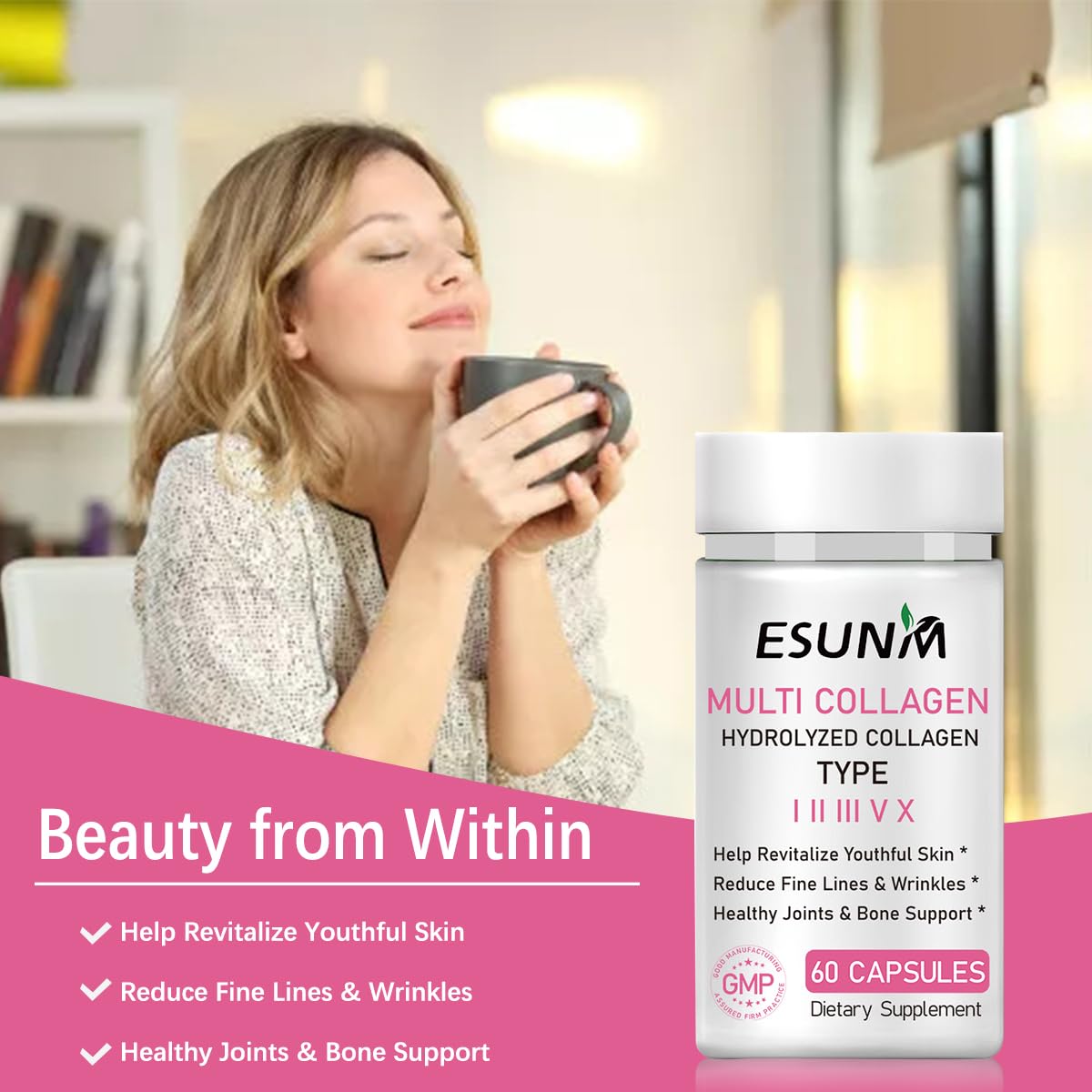 ESUNM Collagen Peptide Capsules arranged on a wooden surface