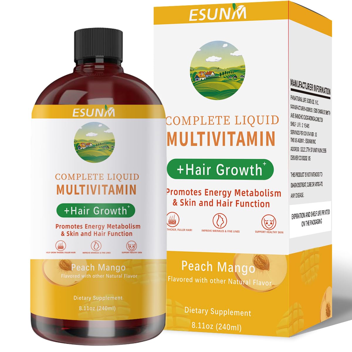ESUNM Women's Liquid Multivitamin 450g Peach Mango flavour front view