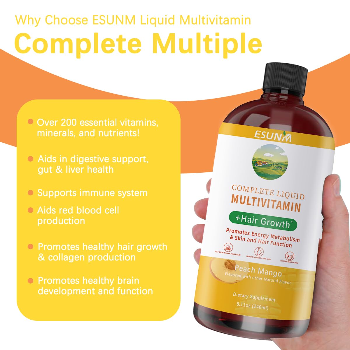 ESUNM Women's Liquid Multivitamin 450g Peach Mango flavour side view