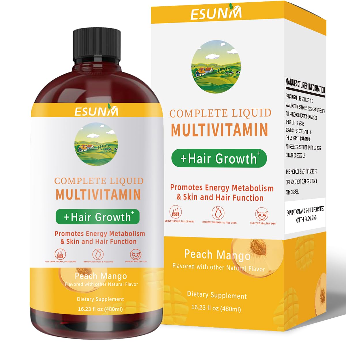 ESUNM Women's Liquid Multivitamin Peach Mango front view