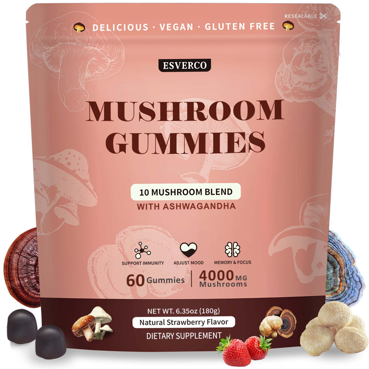 esverco Mushroom Gummies 4000mg front view with strawberry flavour