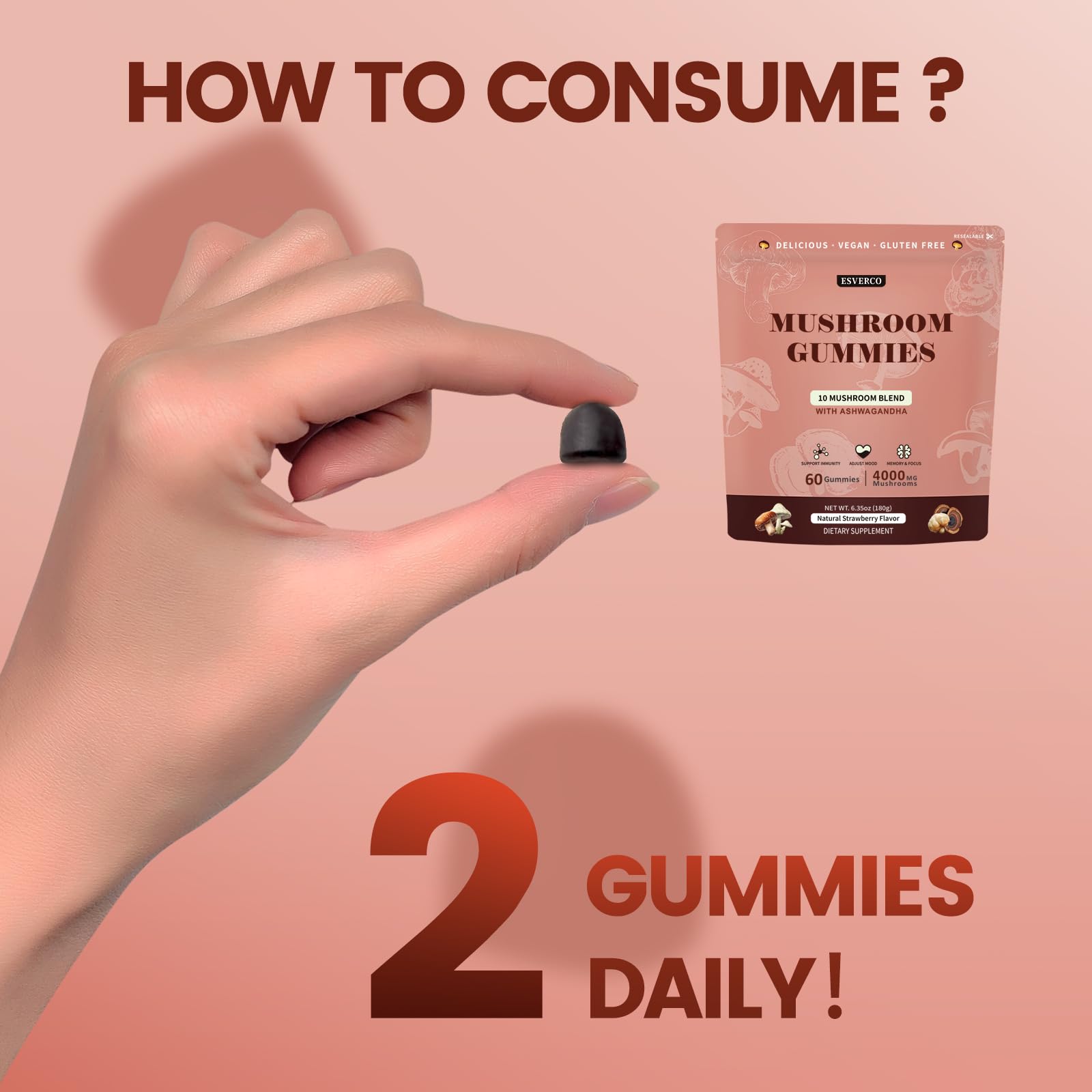 esverco Mushroom Gummies 4000mg on a wooden table