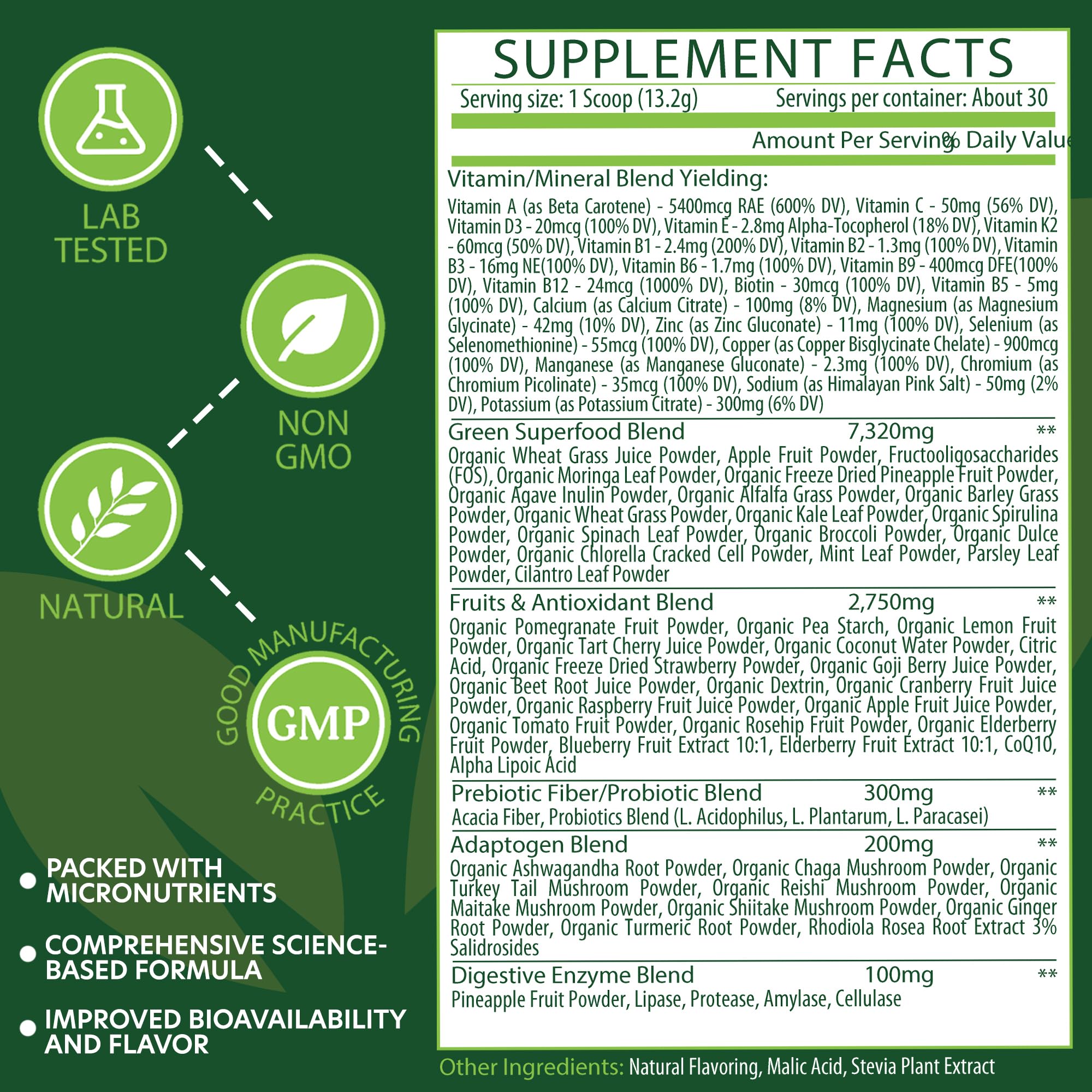 ETANATURE Super Greens Powder 499g lifestyle scene with fruits