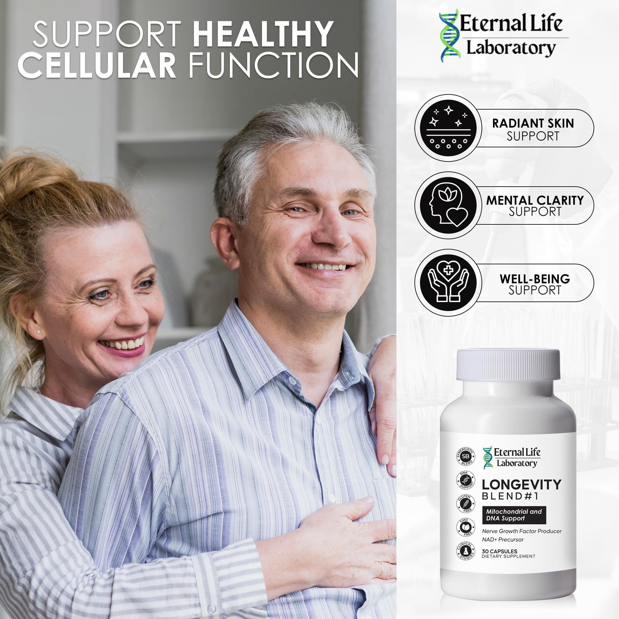 Eternal Life Laboratory Longevity Blend #1 CoQ10 Supplement on a wooden table