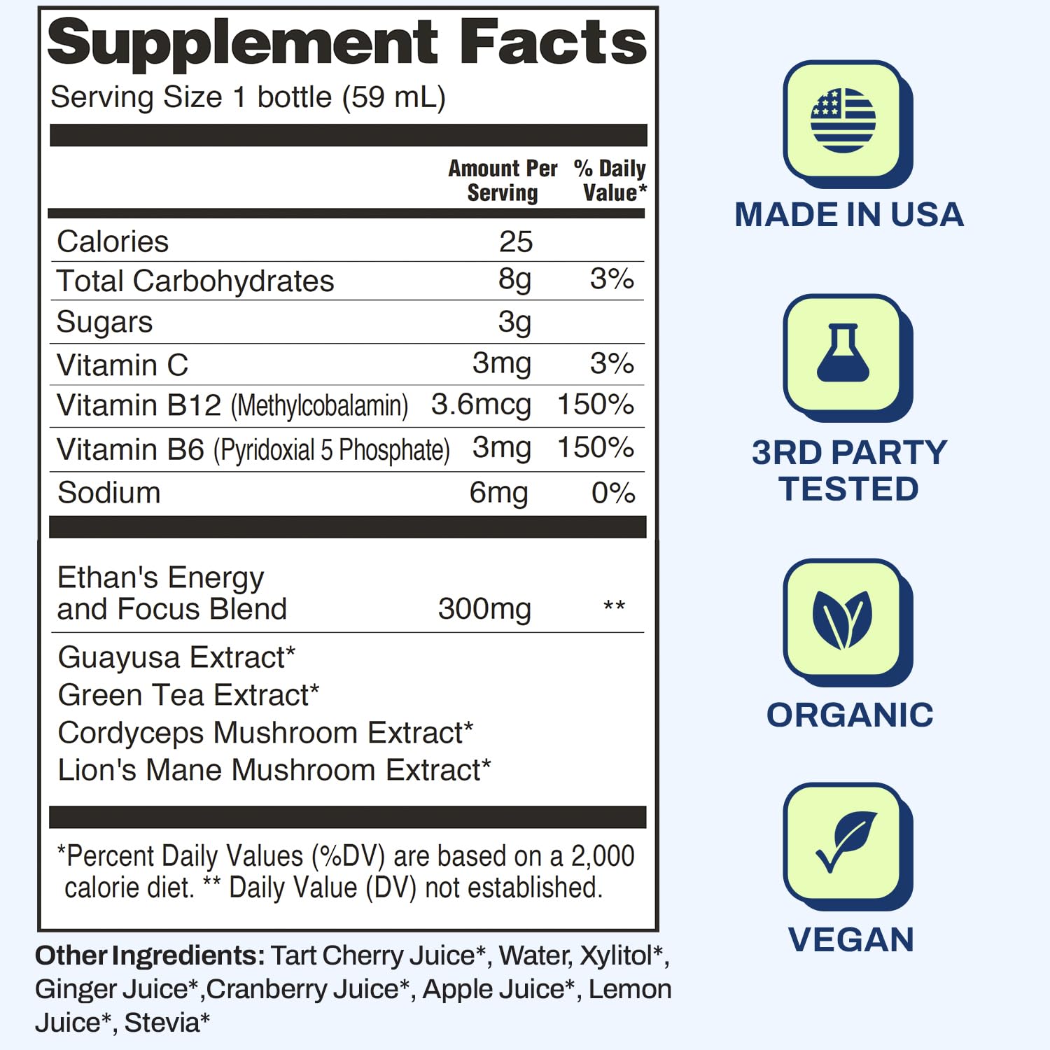 Ethan's Energy Shot packaging with organic ingredients listed