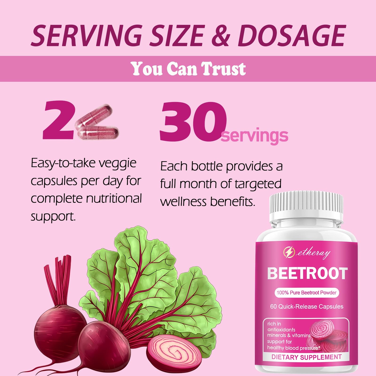 etheray Beet Root Powder Capsules 1300mg on a wooden table