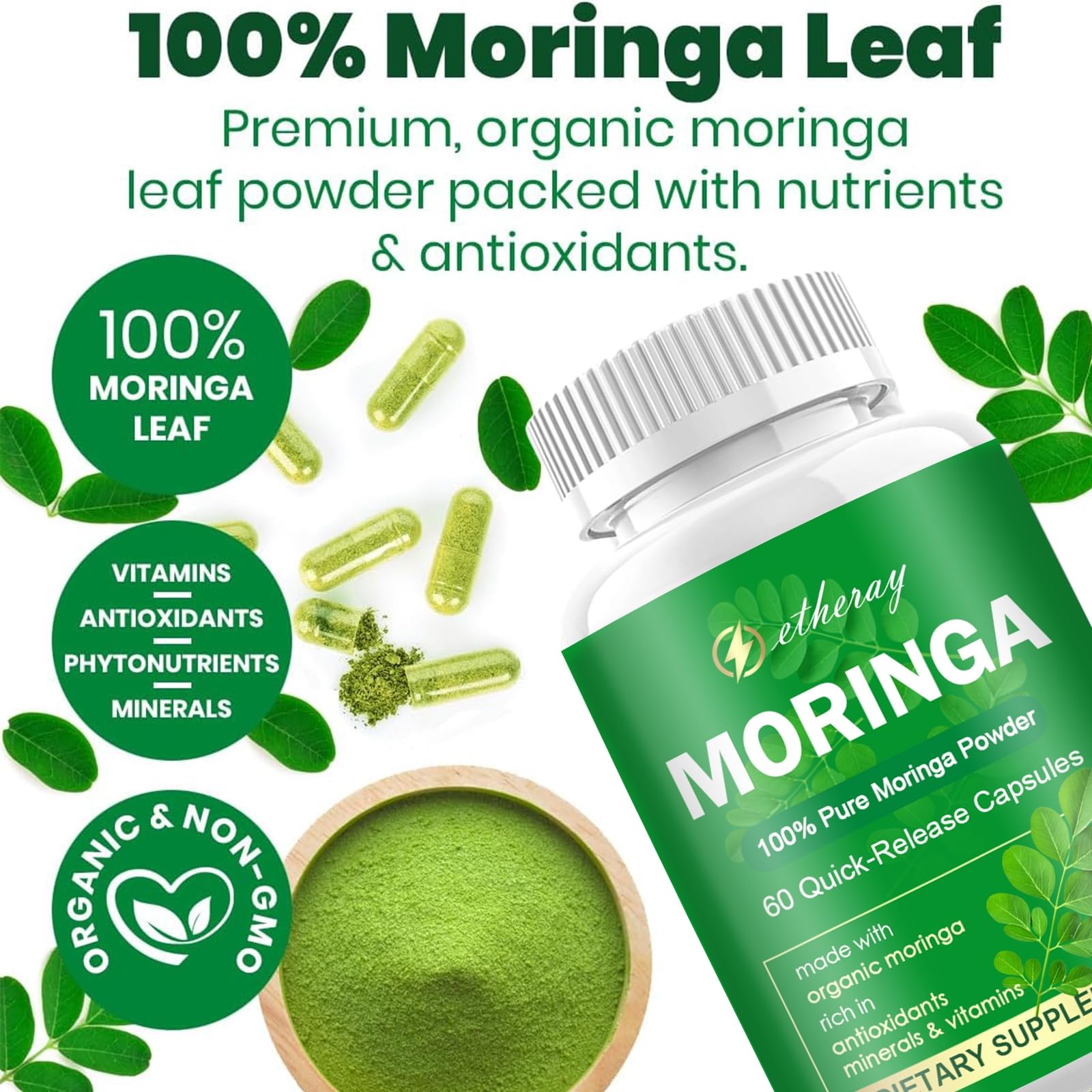 etheray Moringa Capsules on a wooden table