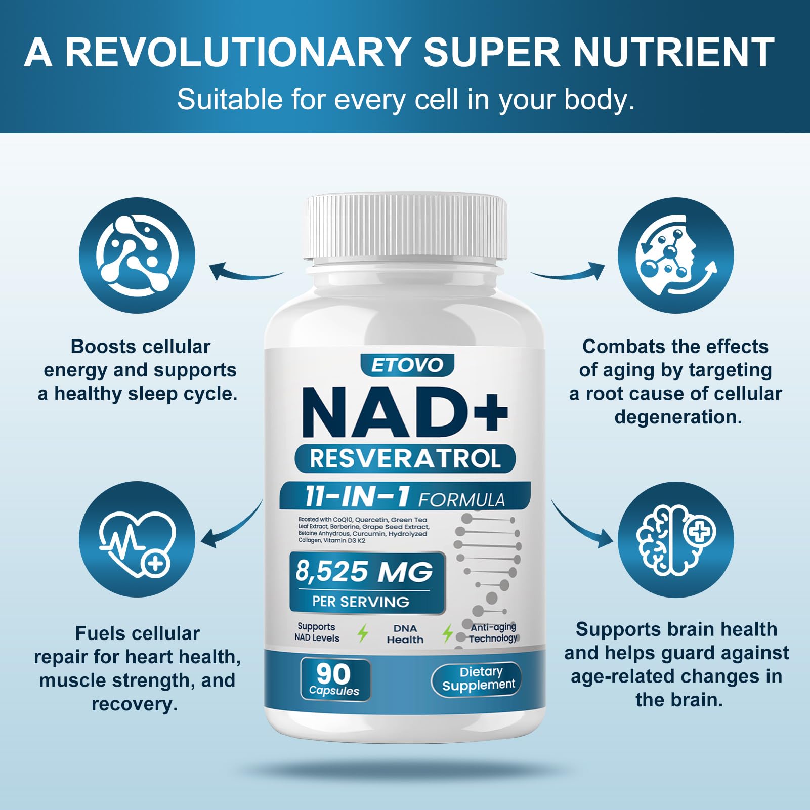 ETOVO NAD+ Resveratrol Supplement capsules in hand
