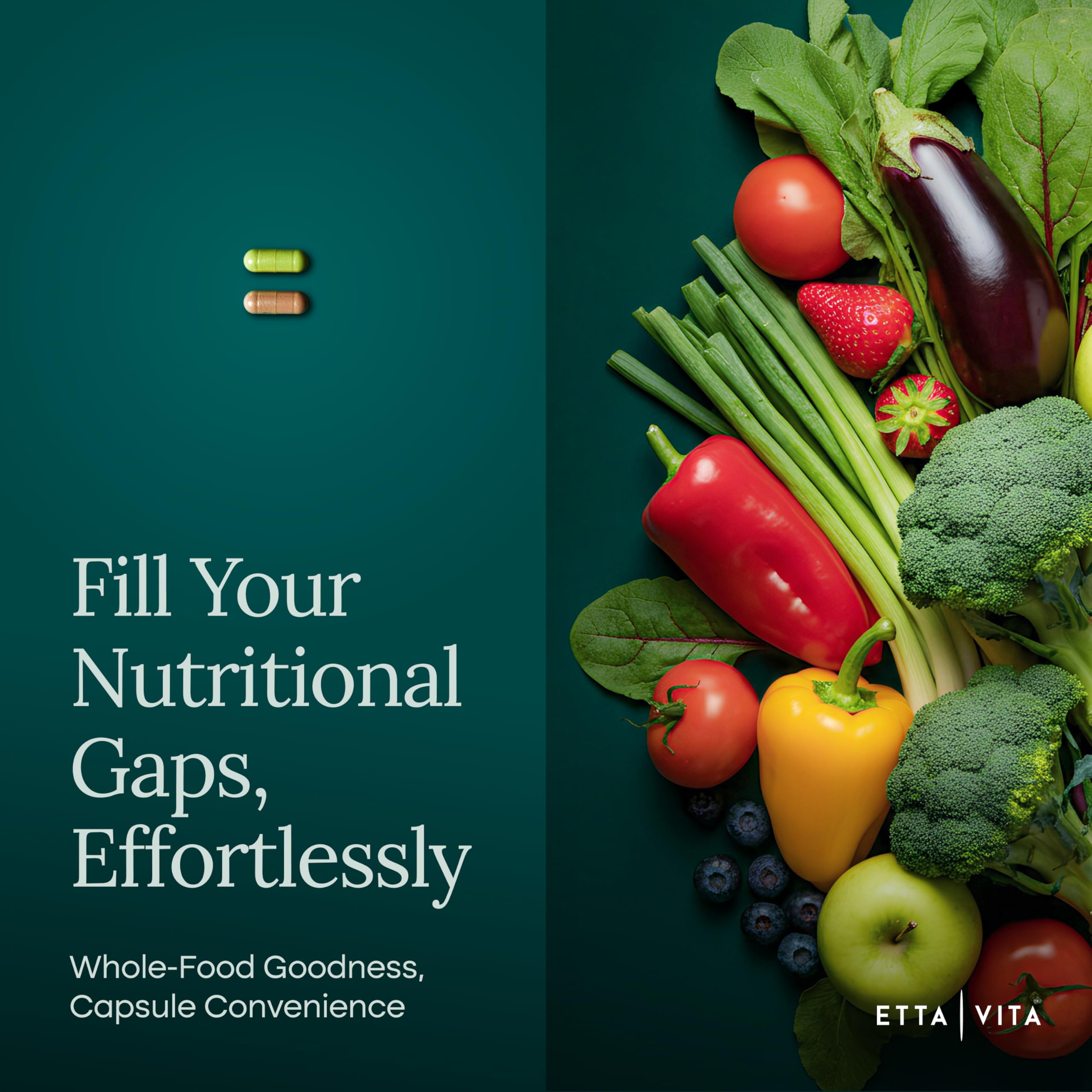 Etta Vita Arjuna Supplement on a kitchen counter with fresh fruits and vegetables