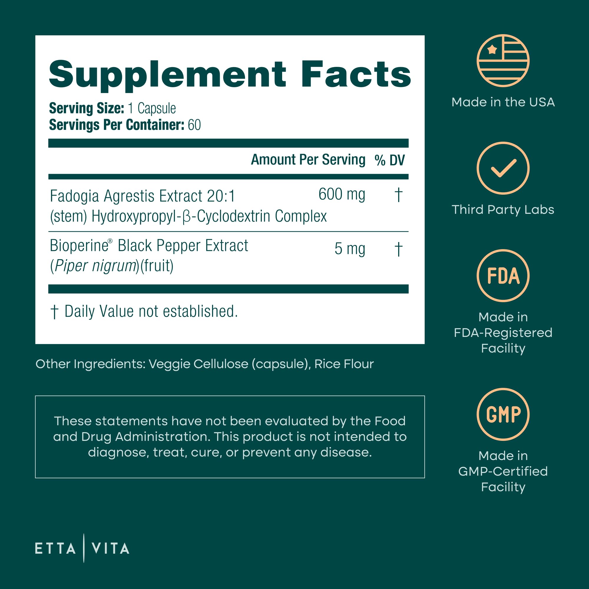 Etta Vita Fadogia Agrestis Supplement ingredients list