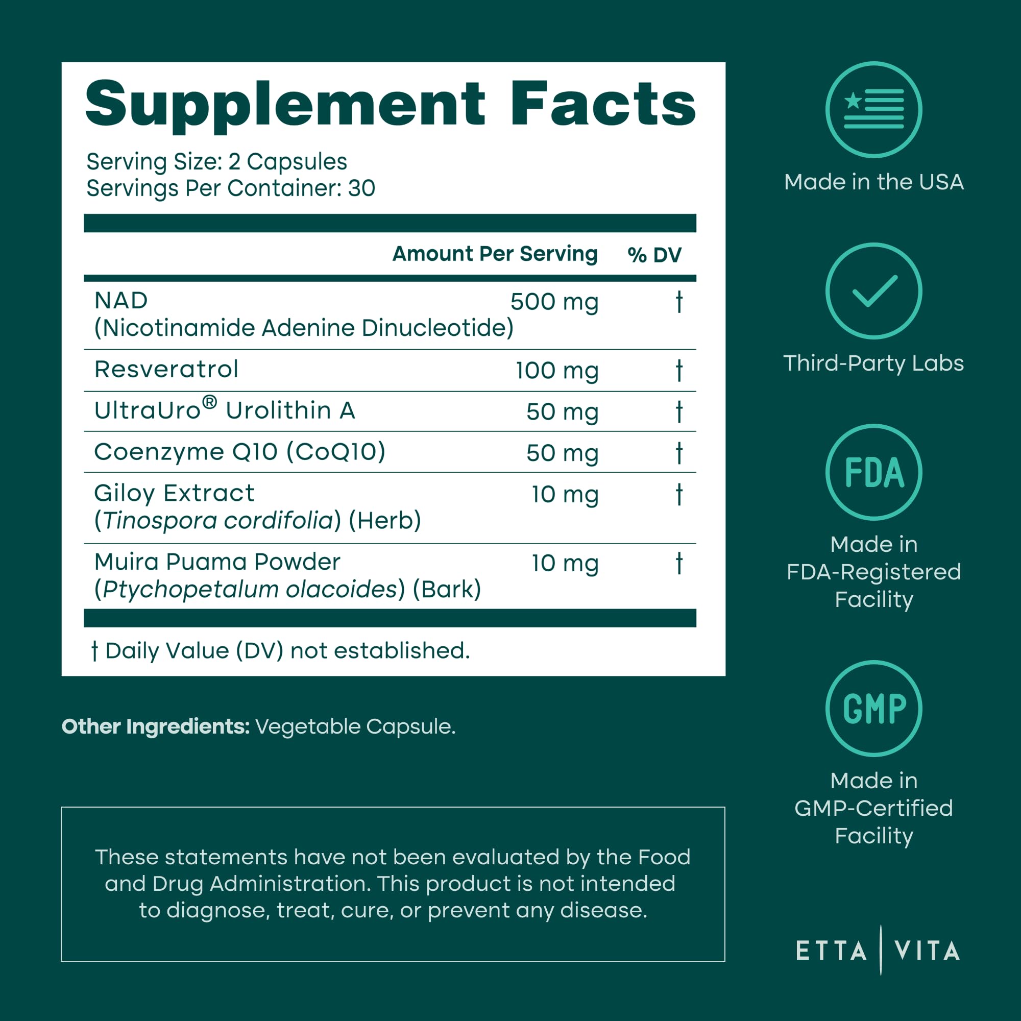 Etta Vita Giloy Supplement 500mg NAD+ side view with lid