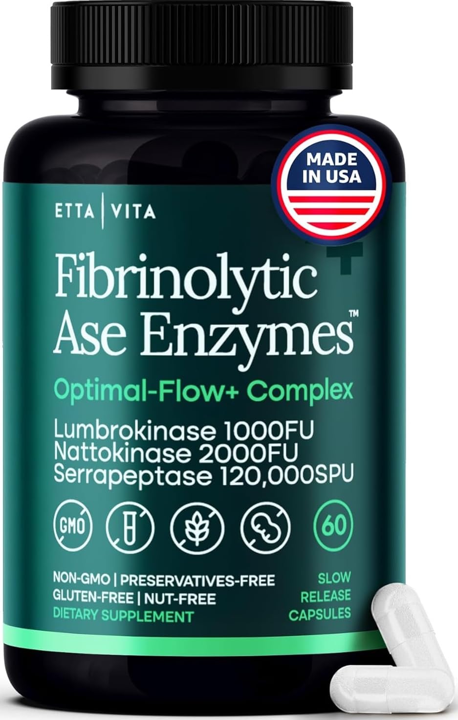 Etta Vita Lumbrokinase Supplement 350mg capsule front view
