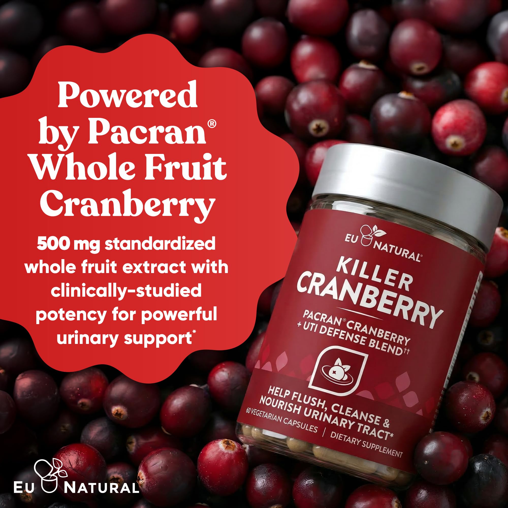 Eu Natural Killer Cranberry Supplement capsules on a wooden surface