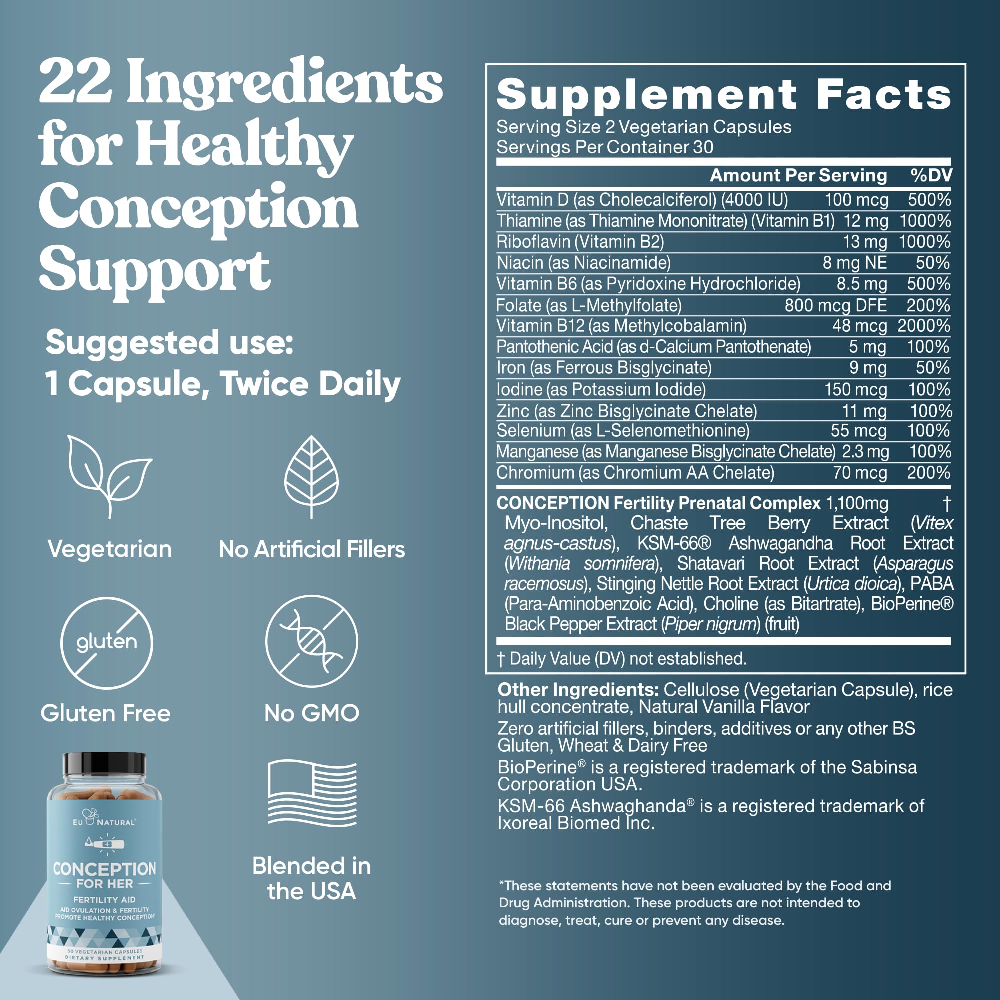 Eu Natural Prenatal Vitamins 85g product details on a table