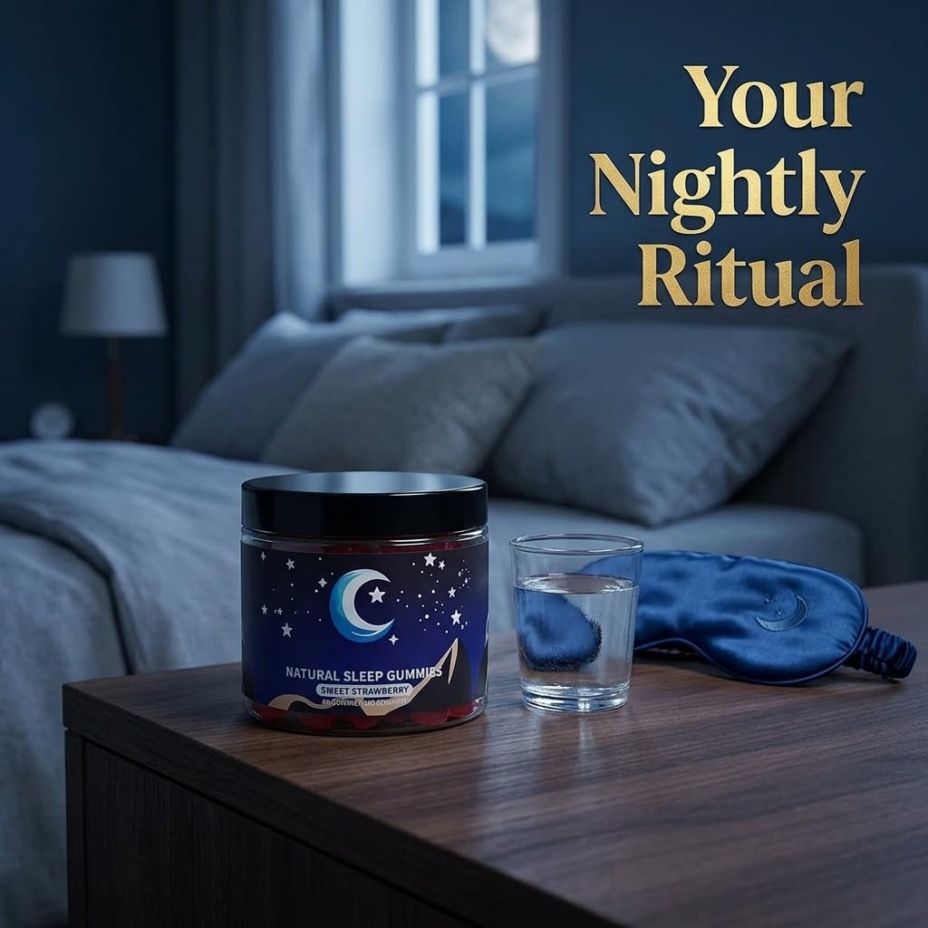 Eudaimona Strawberry Sleep Gummies on a nightstand