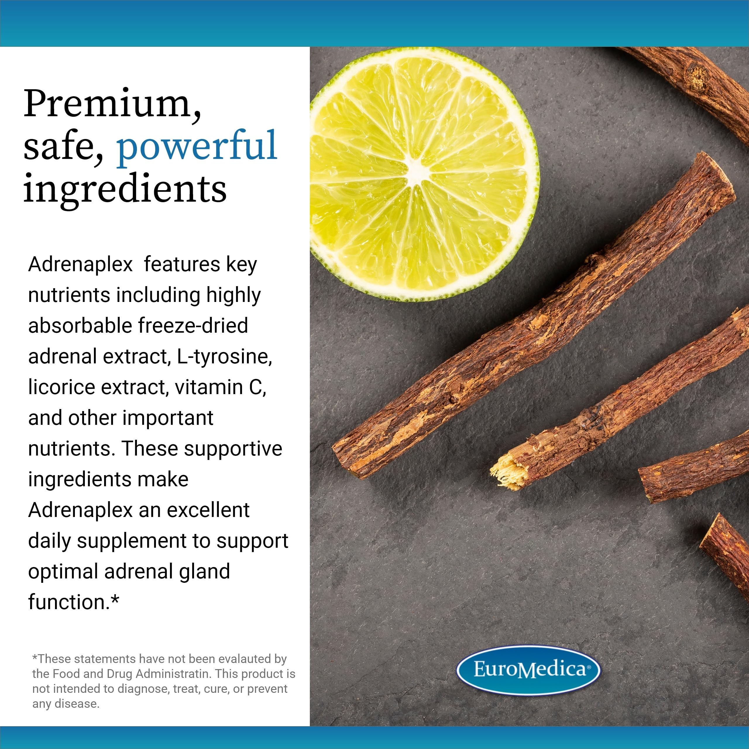 EuroMedica Adrenaplex Adrenal Support Supplement on a wooden table