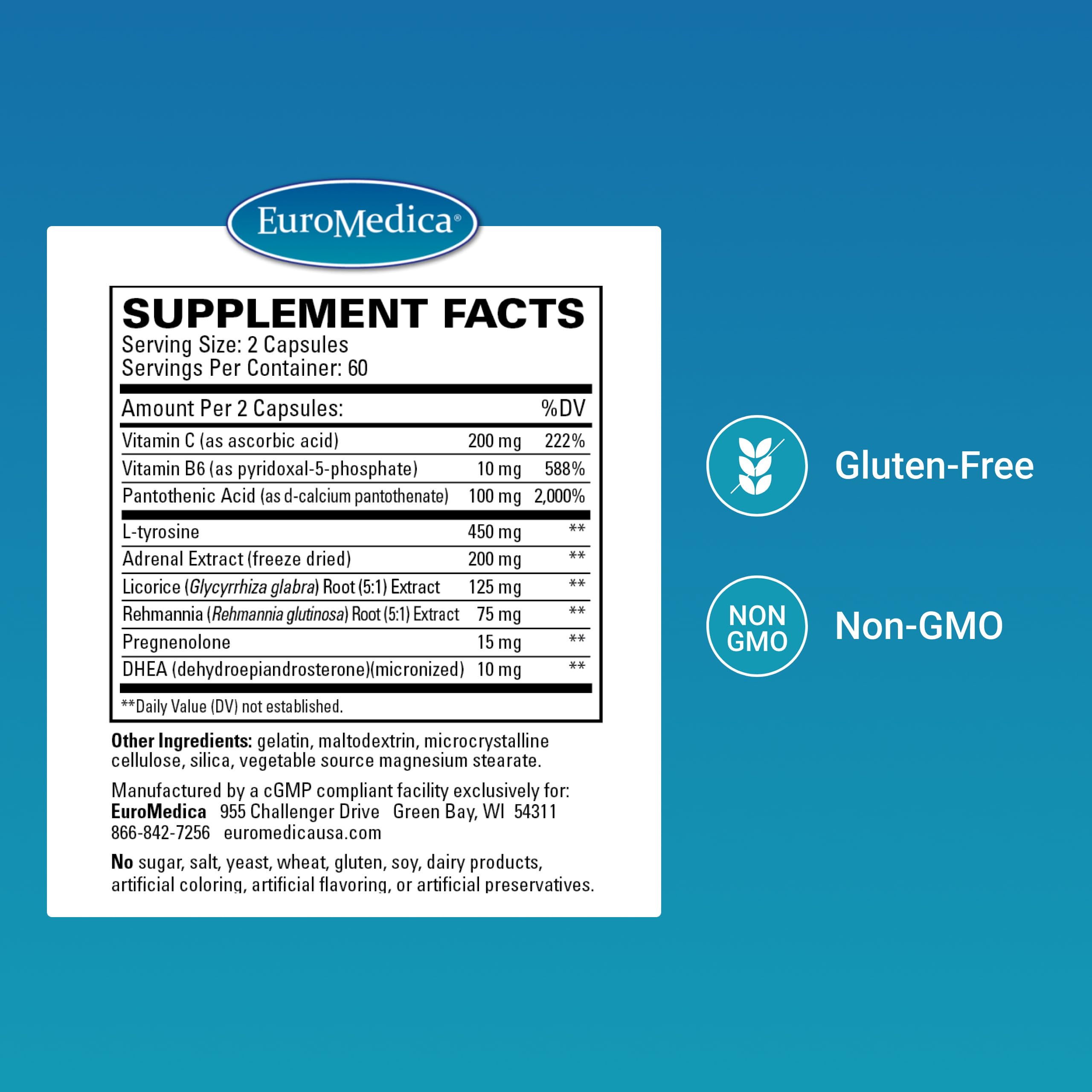 EuroMedica Adrenaplex Supplement side view showing capsule details