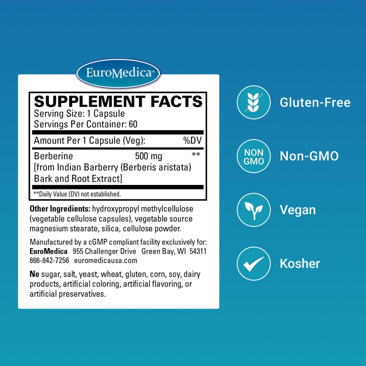 EuroMedica Berberine Capsules side view showing dosage information