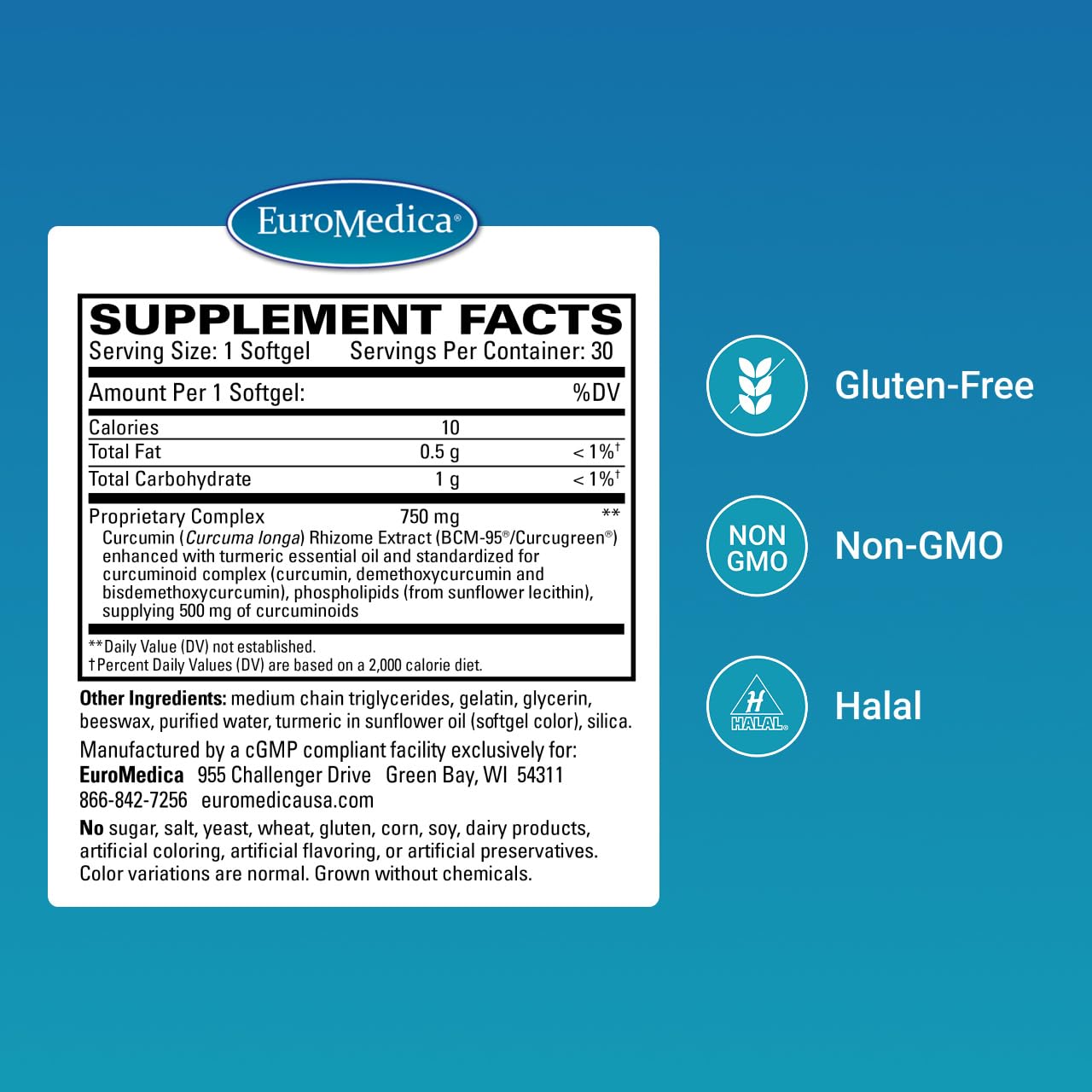 EuroMedica Curcumin 500mg Capsules side view