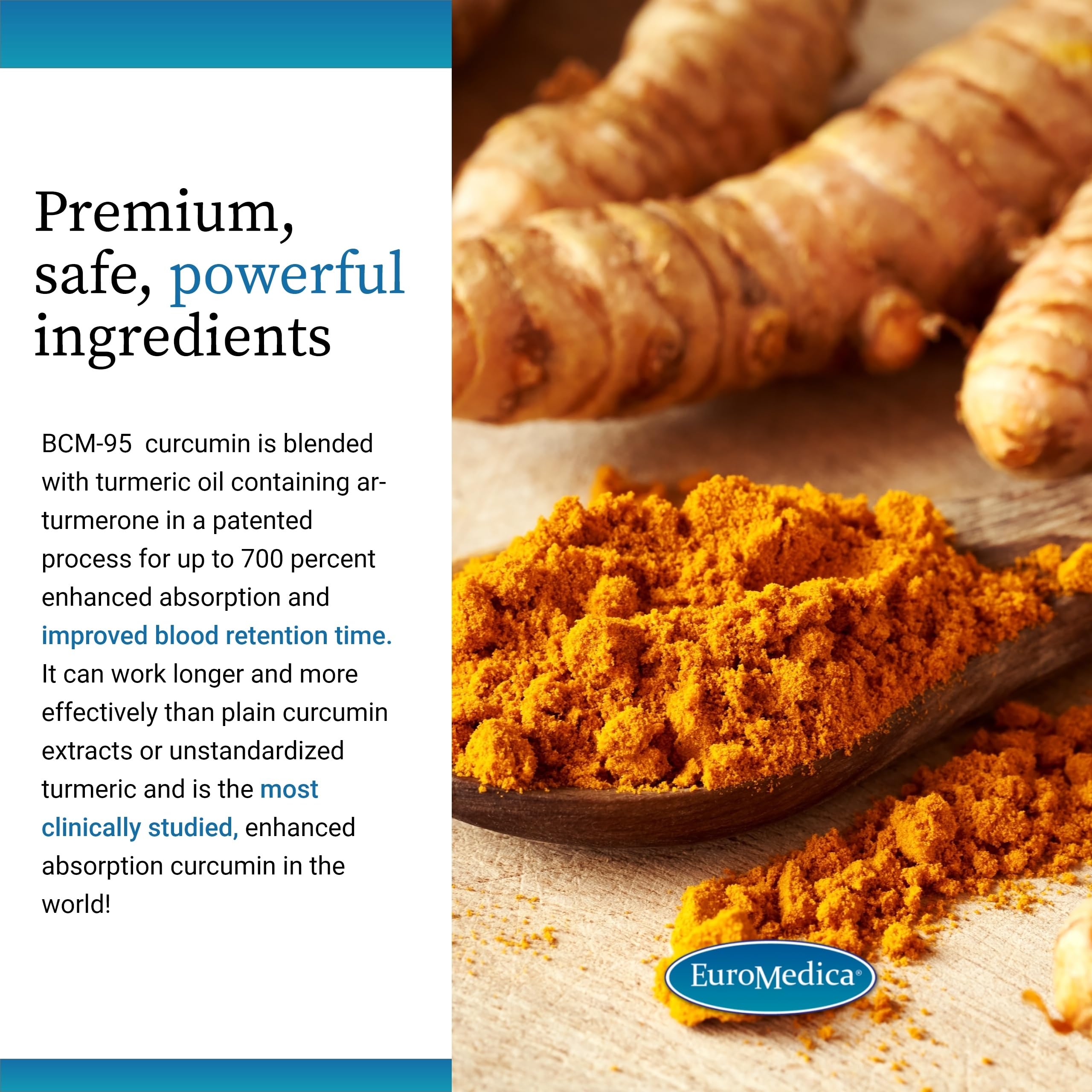 EuroMedica Curcumin Supplement displayed with a measuring spoon