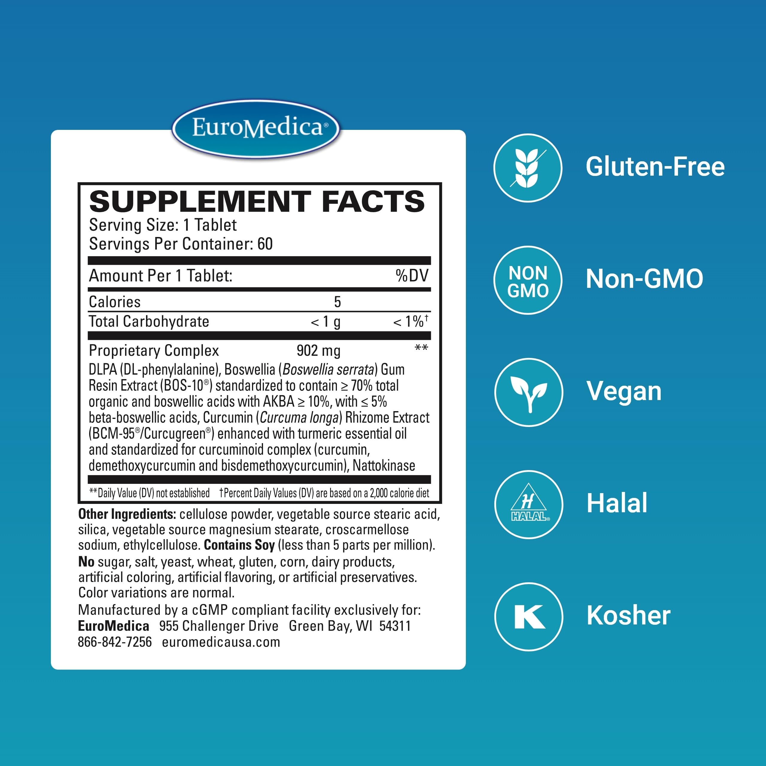EuroMedica Curcumin Supplement side view with ingredients