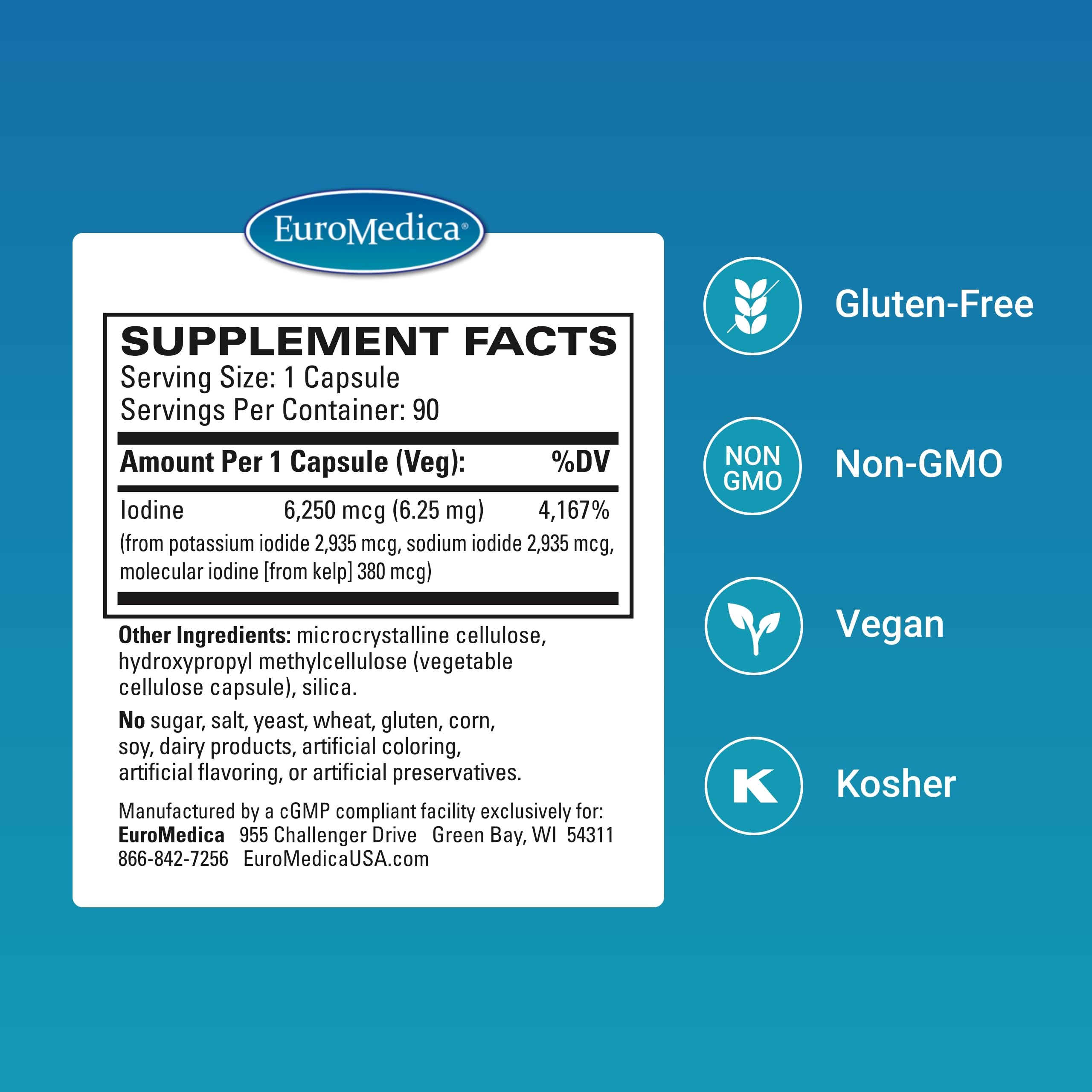 EuroMedica Iodine Wellness Supplement 90 Capsules side view