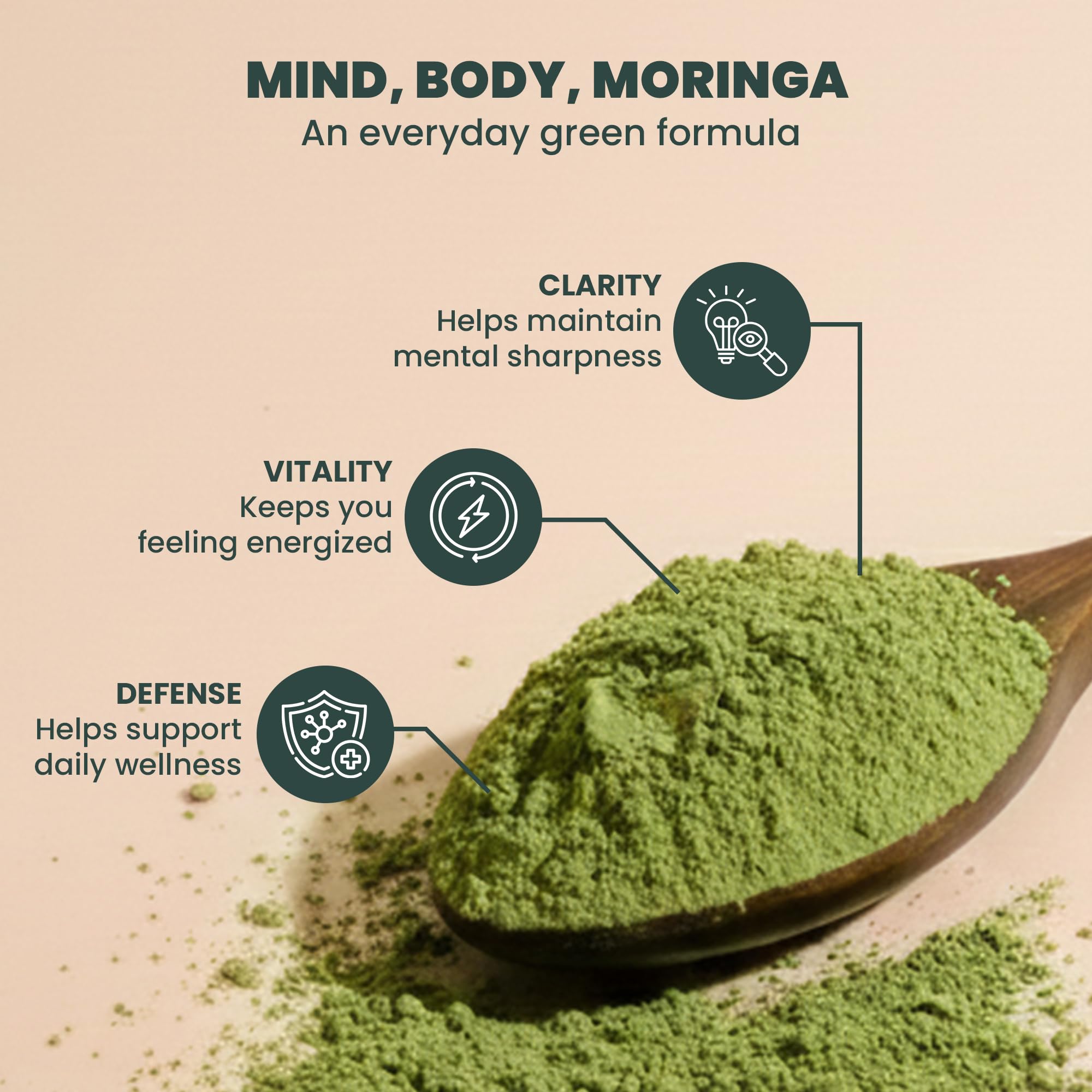 EVARA Organic Moringa Powder 349g displayed in a kitchen setting