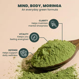 EVARA Organic Moringa Powder 349g displayed in a kitchen setting