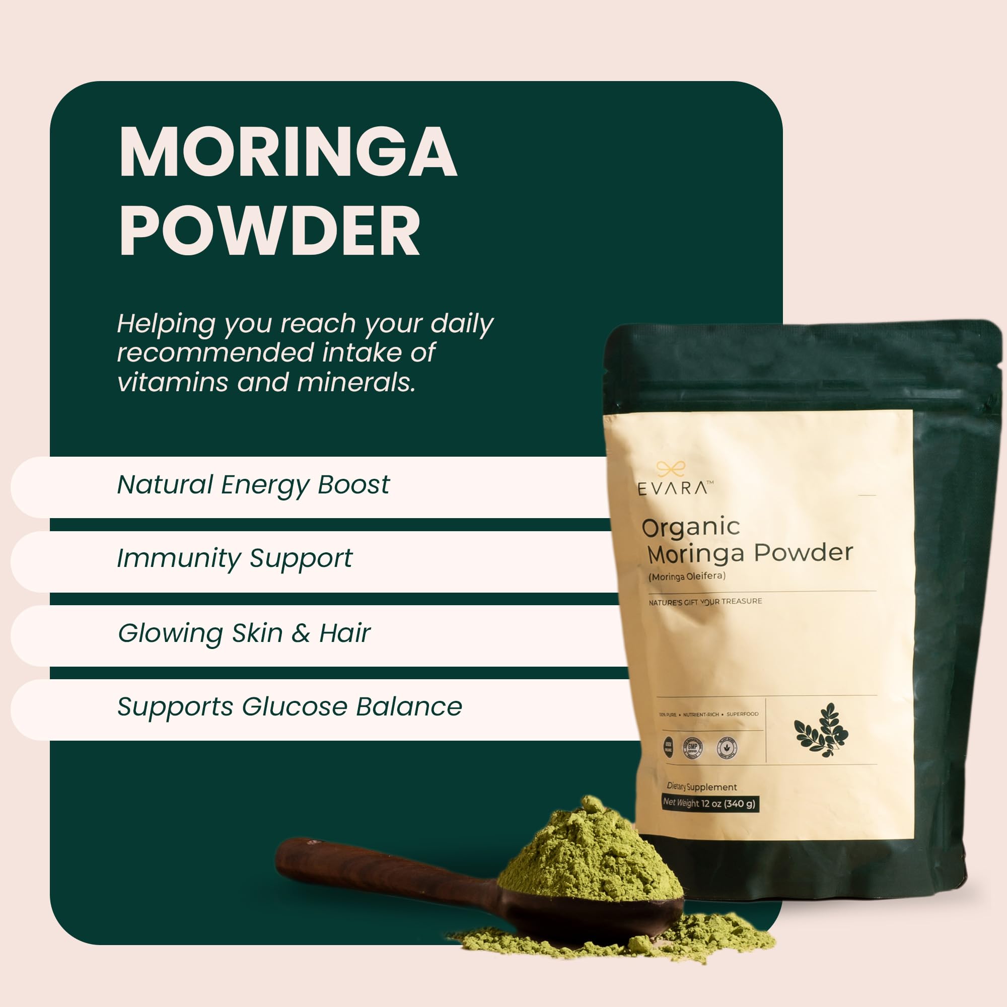 EVARA Organic Moringa Powder 349g with a measuring spoon