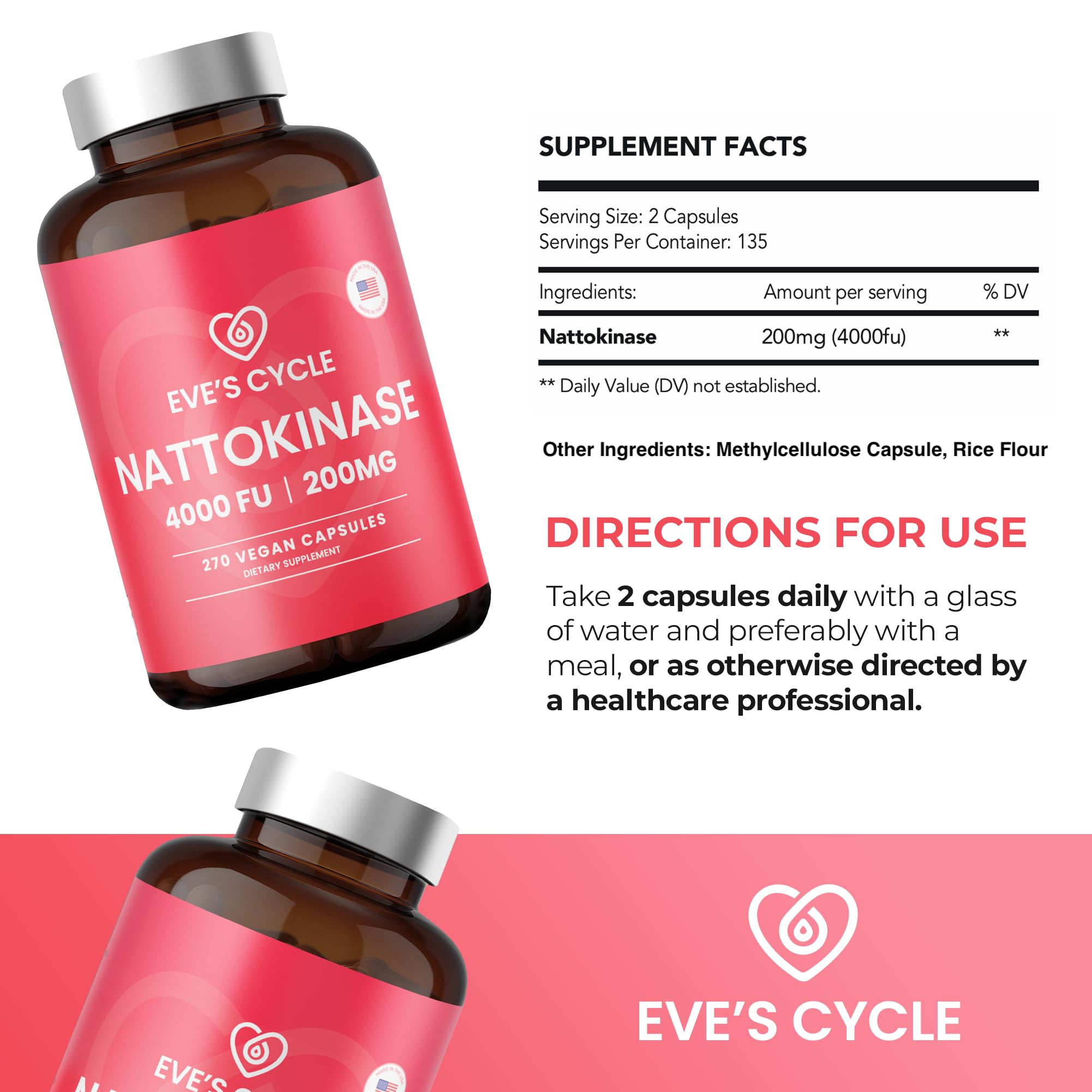 Eve's Cycle Nattokinase Multi-Enzyme Supplement bottle with a measuring spoon