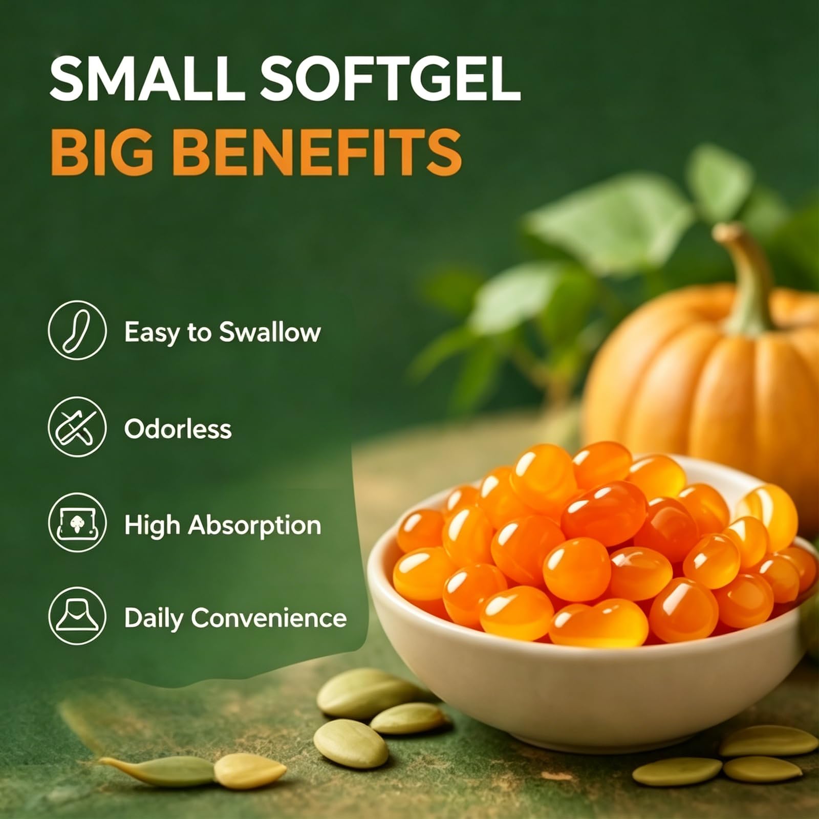 Everly Pumpkin Seed Oil Softgels displayed on a wooden table