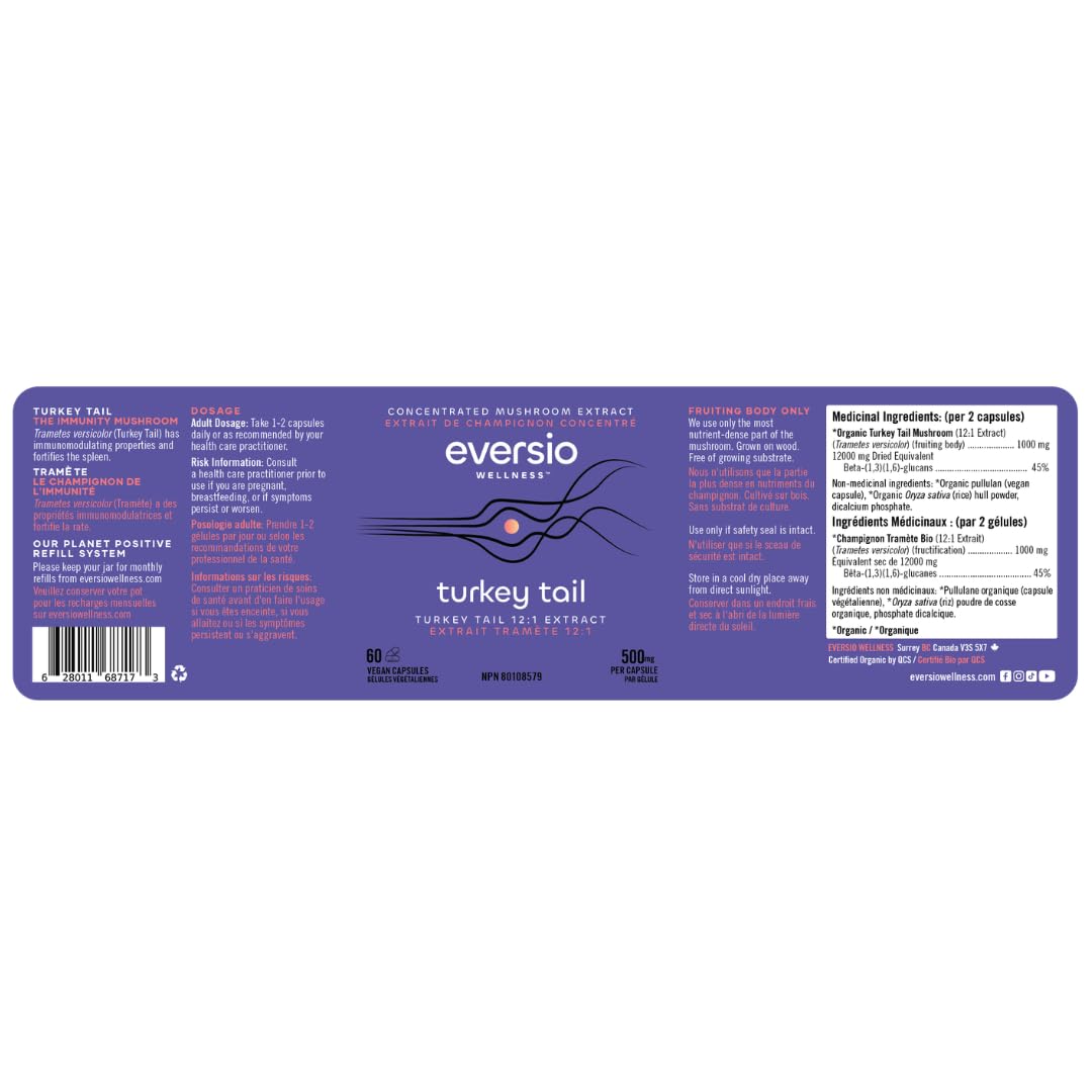 Eversio Wellness Organic Turkey Tail Capsules 1000mg lifestyle scene with a glass of water